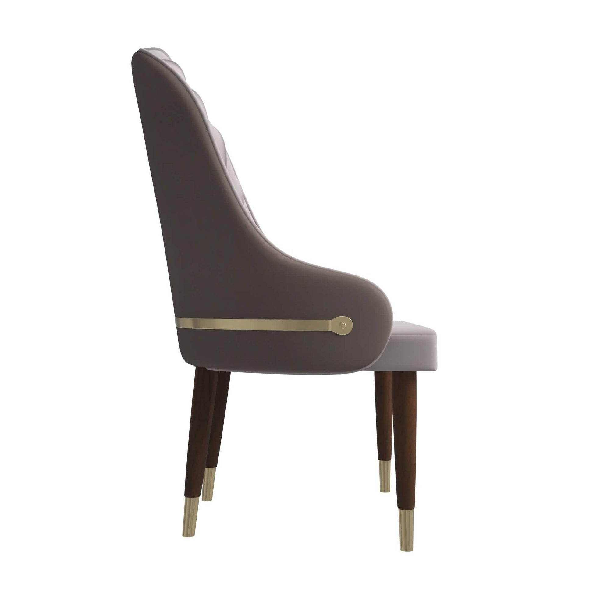 Elara Leather Dining Chair with Elegant Ripple Back and Gold Accents in Rubberwood Taupe Dining Chair Leisuremod