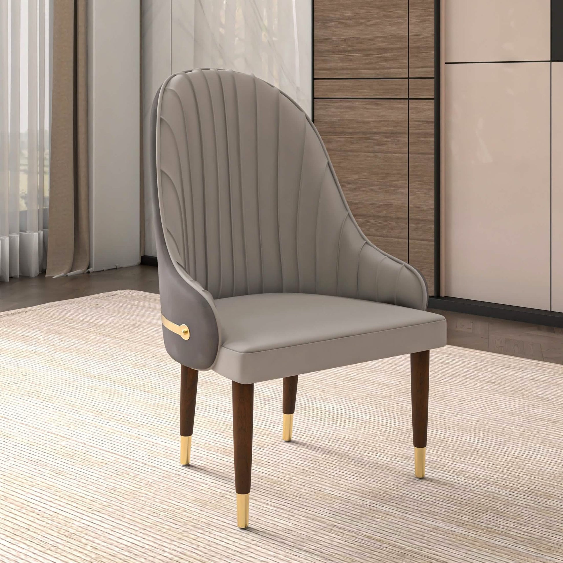 Elara Leather Dining Chair with Elegant Ripple Back and Gold Accents in Rubberwood Grey Dining Chair Leisuremod