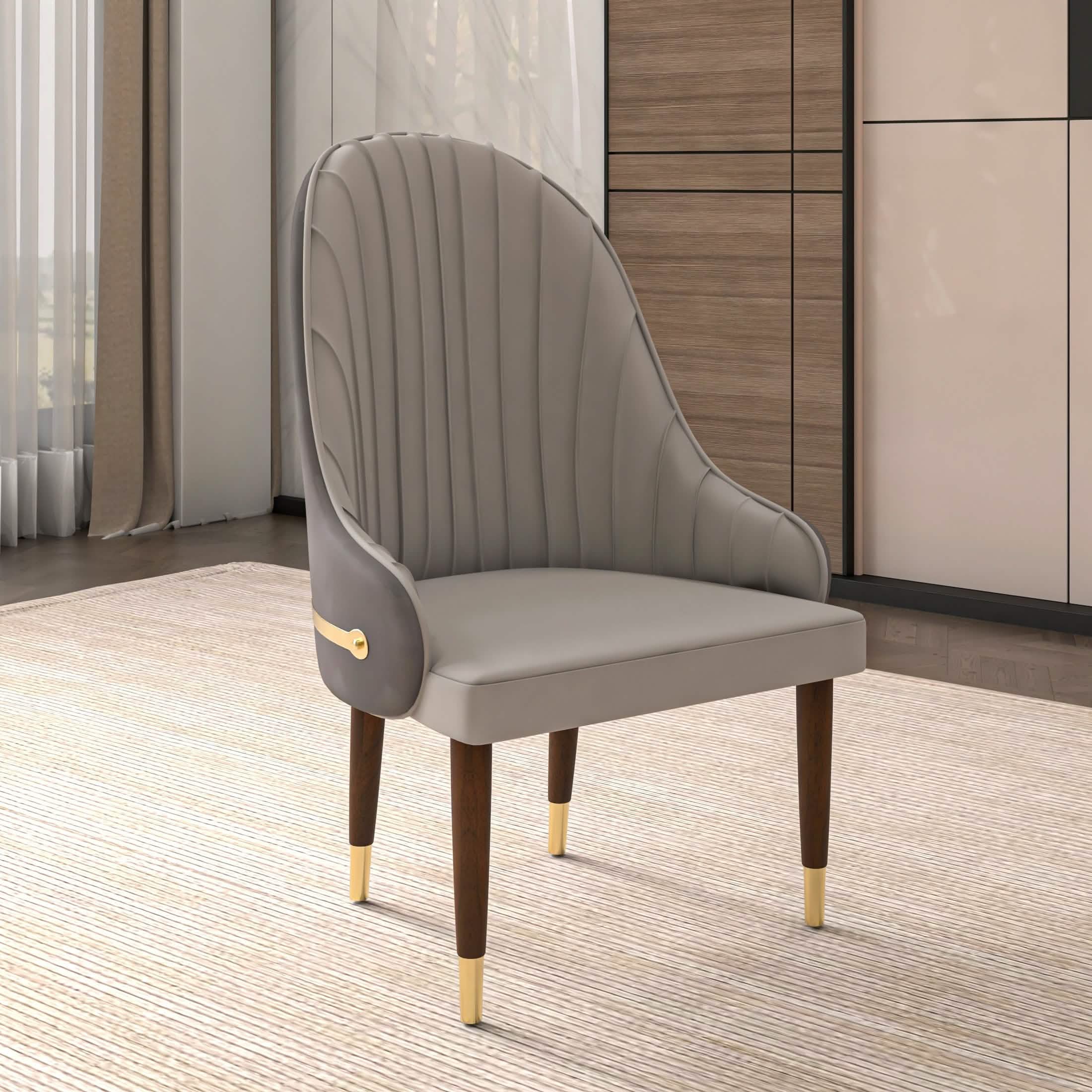 Elara Leather Dining Chair with Elegant Ripple Back and Gold Accents in Rubberwood Grey Dining Chair Leisuremod