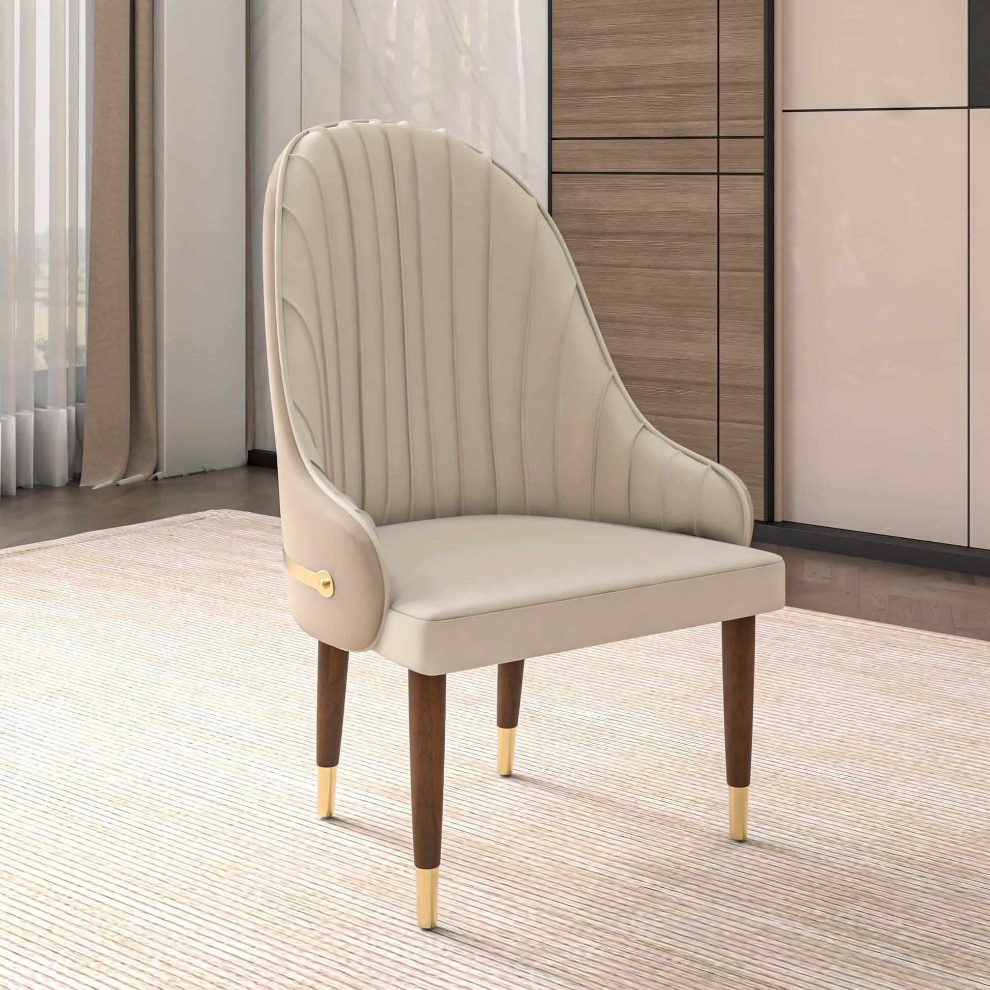Elara Leather Dining Chair with Elegant Ripple Back and Gold Accents in Rubberwood Cream Dining Chair Leisuremod