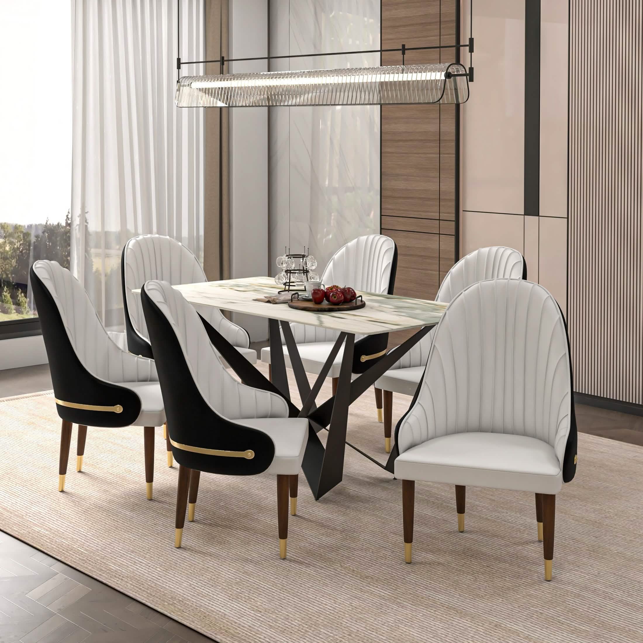 Elara Leather Dining Chair with Elegant Ripple Back and Gold Accents in Rubberwood Black White Dining Chair Leisuremod