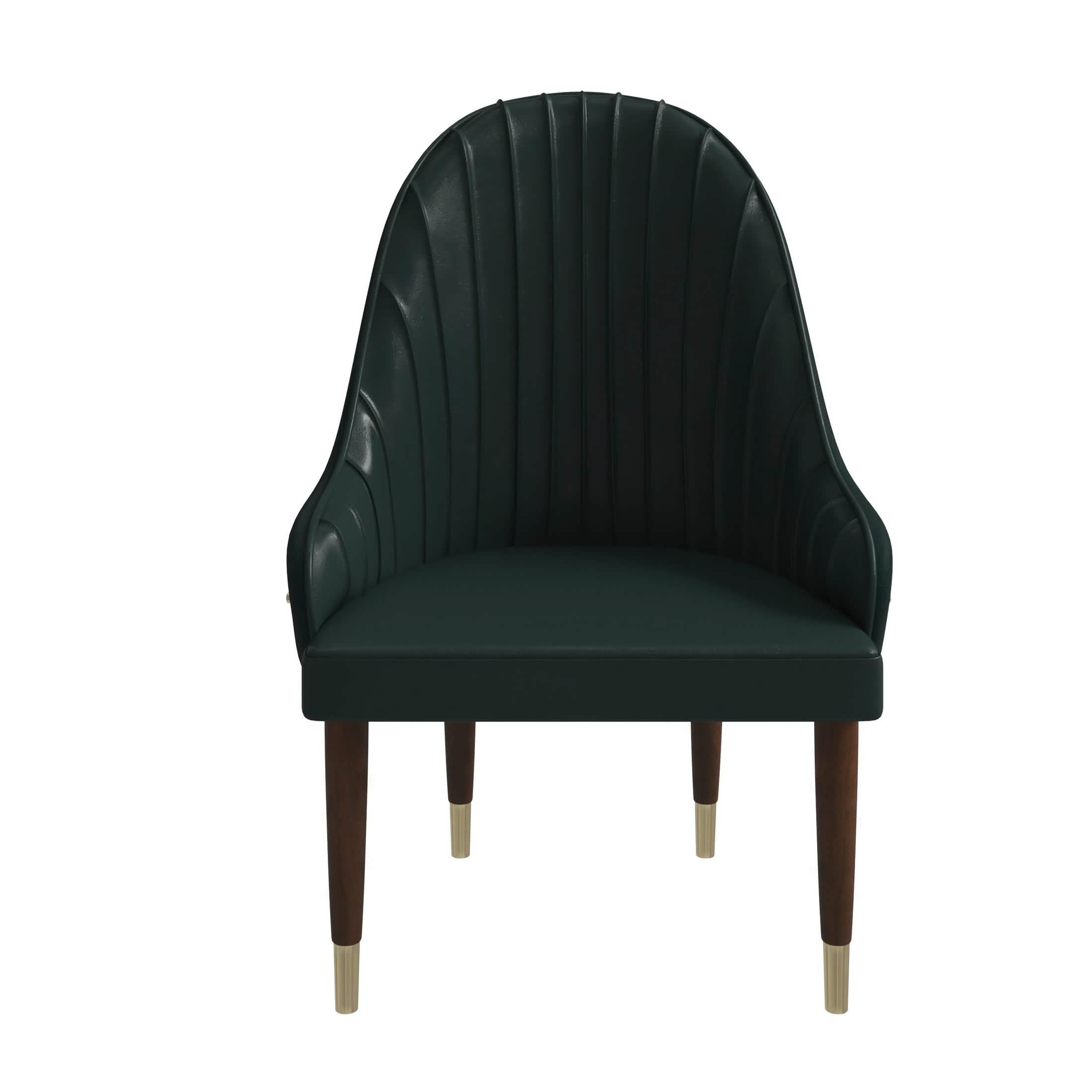 Elara Leather Dining Chair with Elegant Ripple Back and Gold Accents in Rubberwood Green Dining Chair Leisuremod