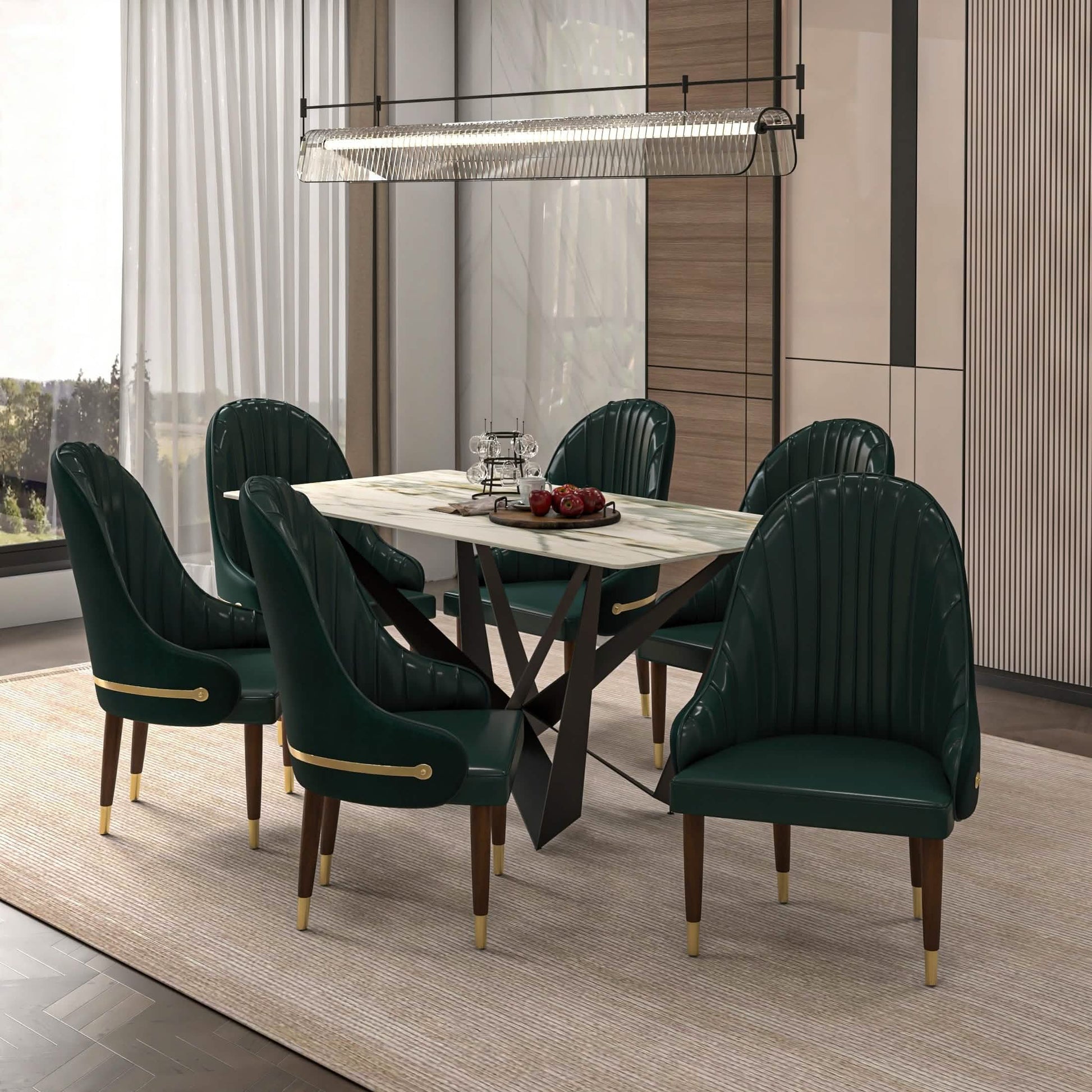 Elara Leather Dining Chair with Elegant Ripple Back and Gold Accents in Rubberwood Green Dining Chair Leisuremod