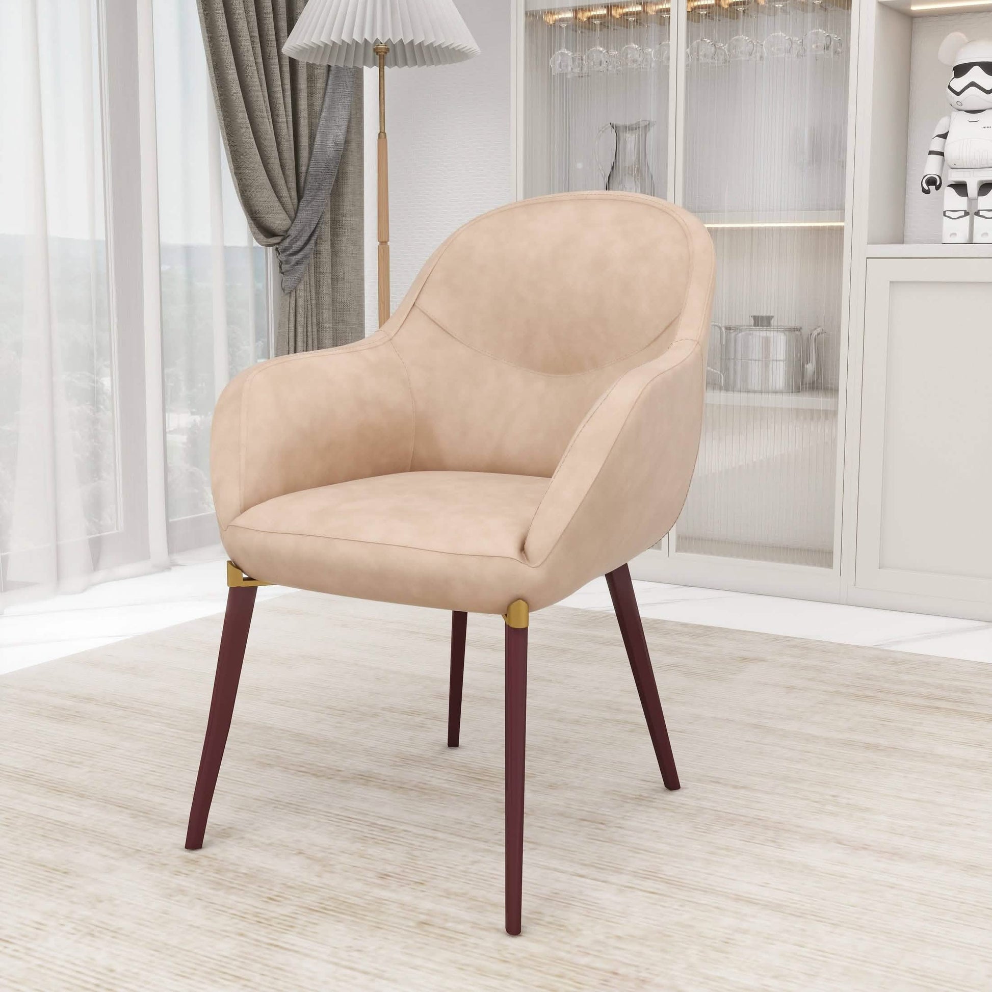 Elias Dining Chair Upholstered in Leather/Velvet and Powder Coated Legs Velvet Light Taupe Dining Chair Leisuremod