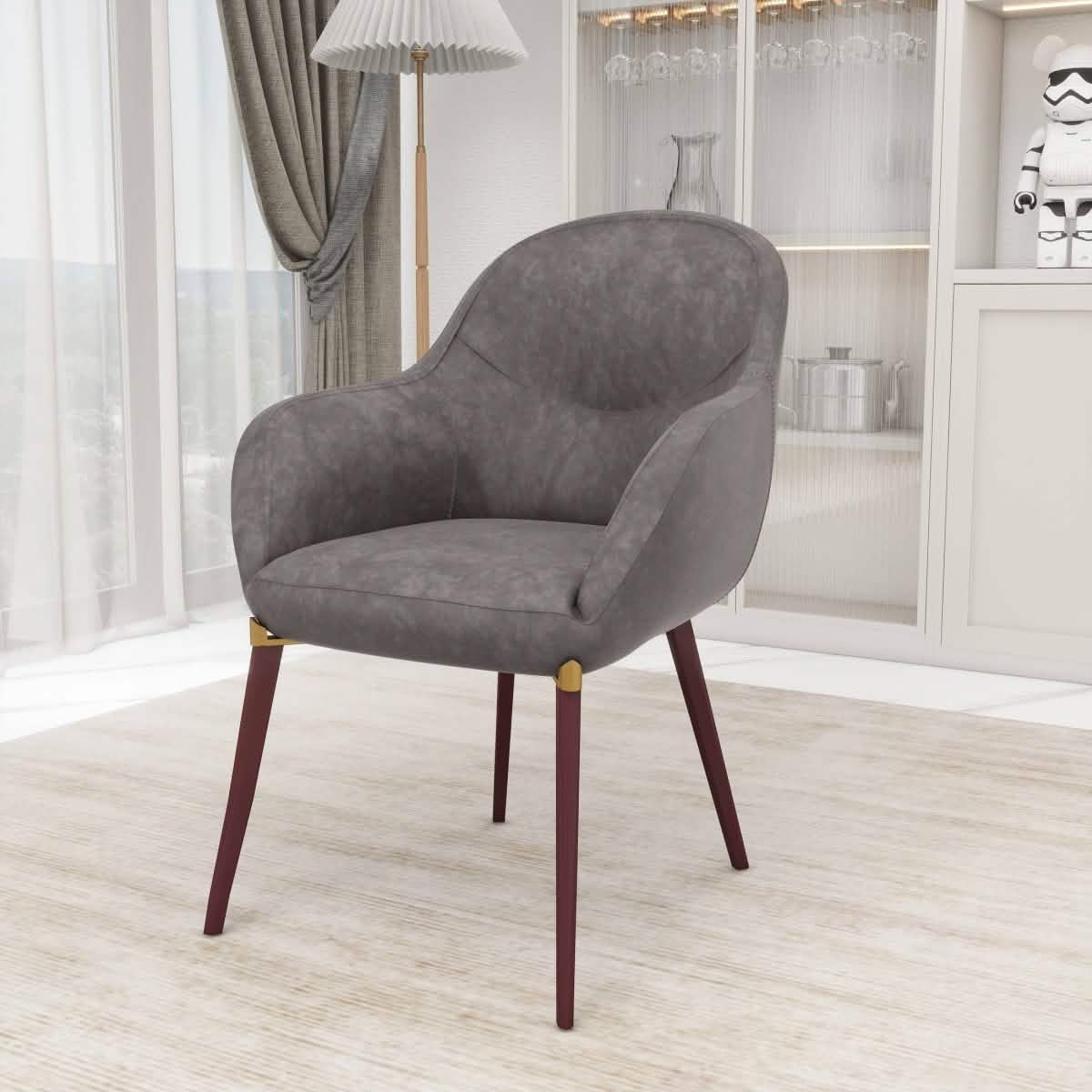 Elias Dining Chair Upholstered in Leather/Velvet and Powder Coated Legs Leather Dark Grey Dining Chair Leisuremod