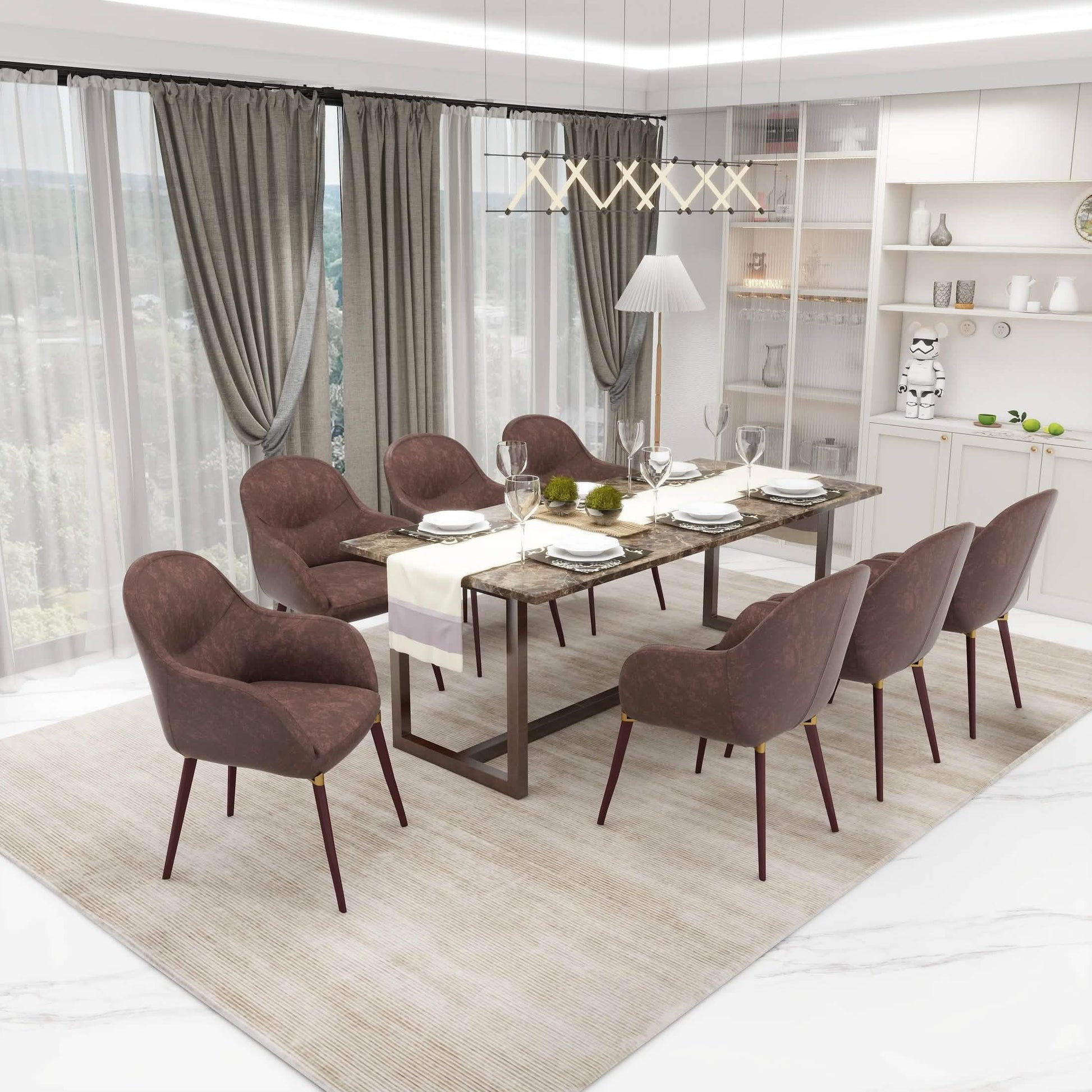 Elias Dining Chair Upholstered in Leather/Velvet and Powder Coated Legs Leather Brown Dining Chair Leisuremod