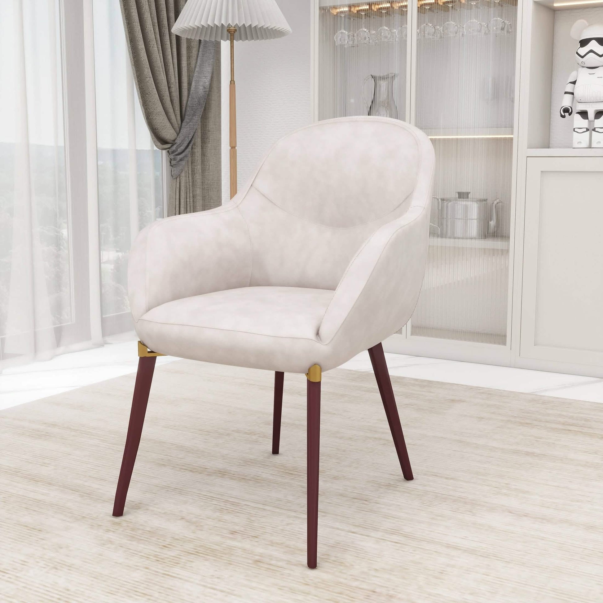 Elias Dining Chair Upholstered in Leather/Velvet and Powder Coated Legs Velvet Beige Dining Chair Leisuremod