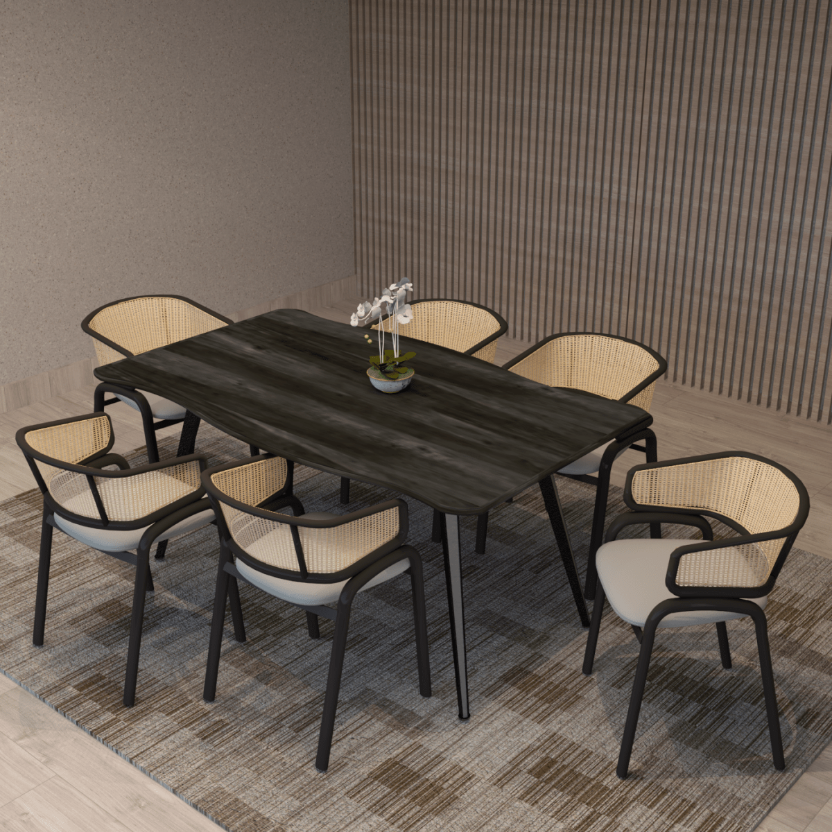 Ervilla Velvet Dining Armchair with Steel Legs and Wicker Back Black Brown Beige Dining Chair Leisuremod