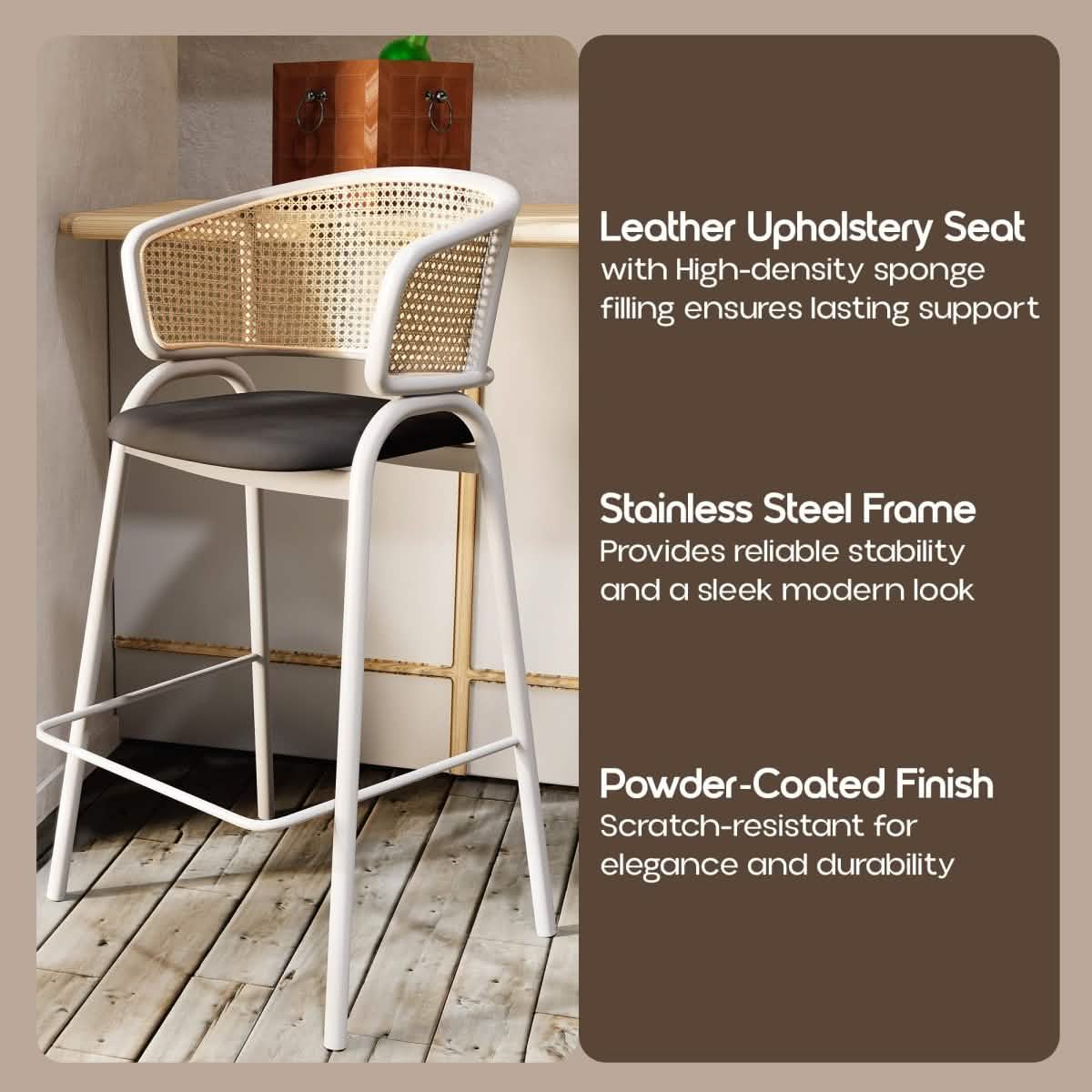 Ervilla Wicker Bar Stool with Leather Seat and Black/White Stainless Steel Frame White Black Dining Chair Leisuremod
