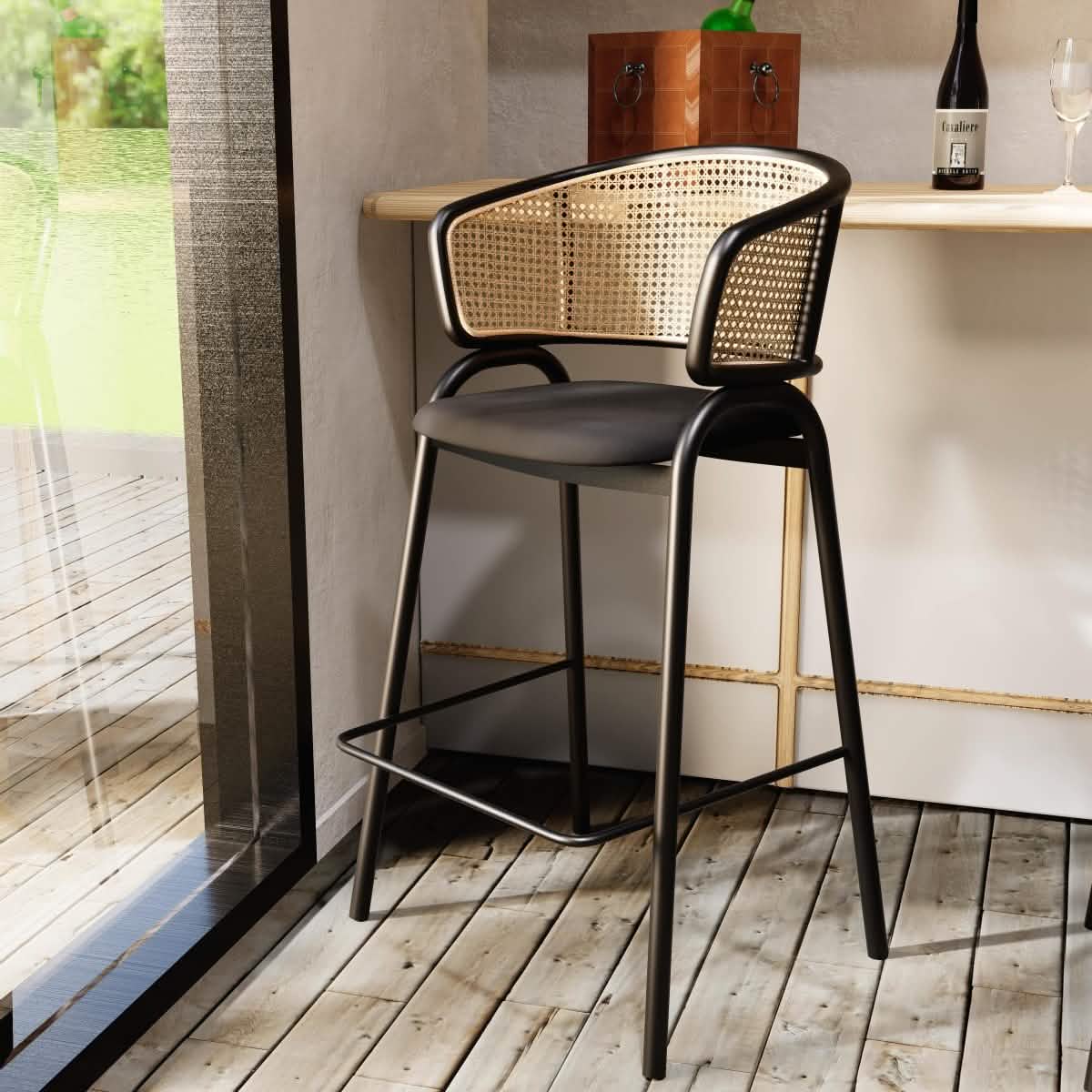 Ervilla Wicker Bar Stool with Leather Seat and Black/White Stainless Steel Frame Black Black Dining Chair Leisuremod