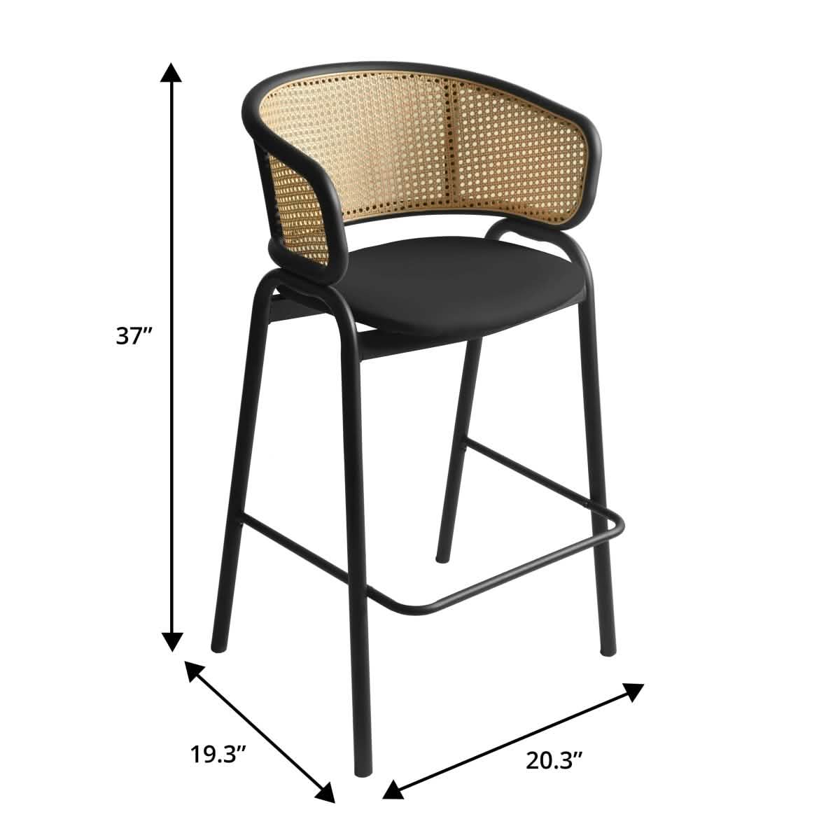 Ervilla Wicker Bar Stool with Leather Seat and Black/White Stainless Steel Frame Black Taupe Dining Chair Leisuremod