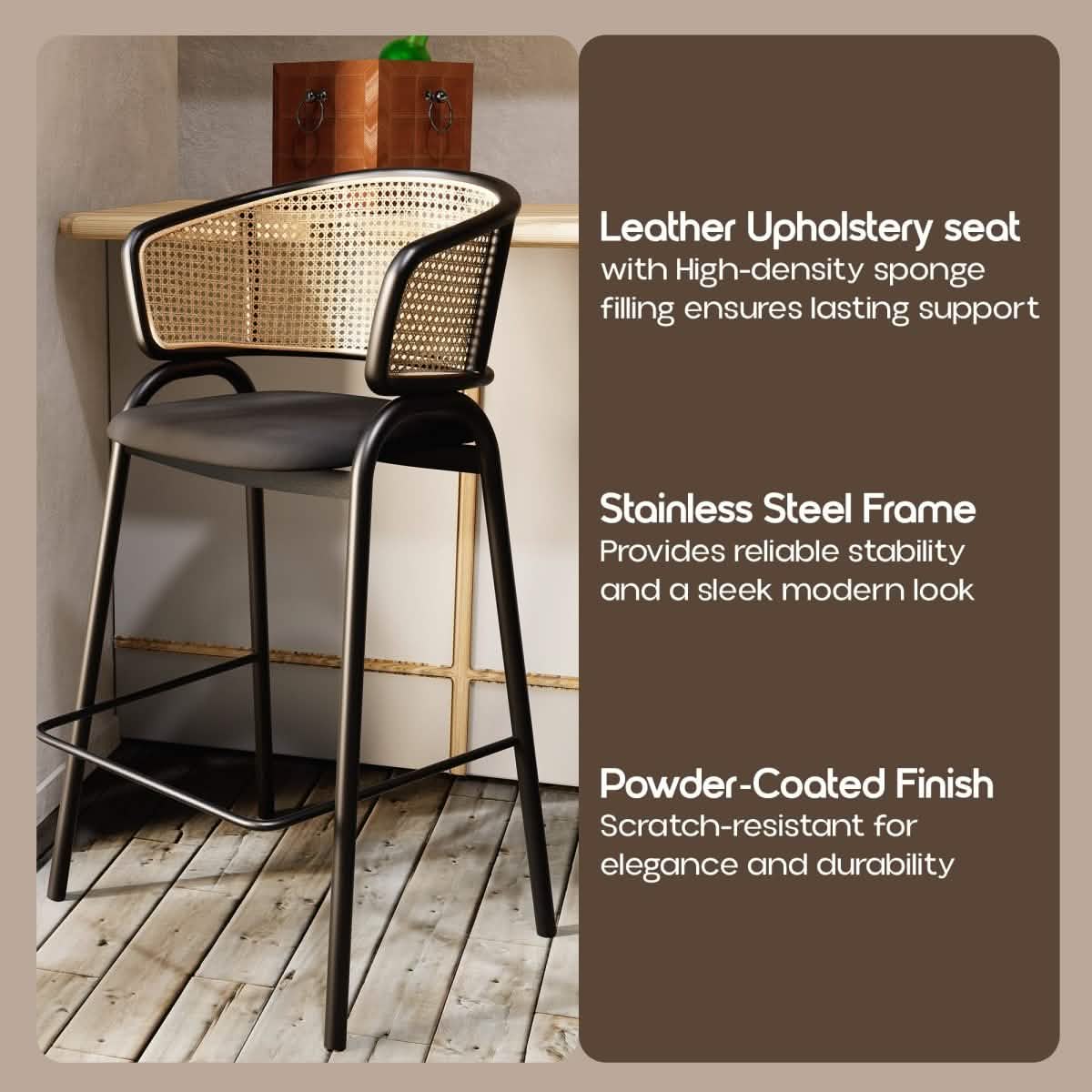 Ervilla Wicker Bar Stool with Leather Seat and Black/White Stainless Steel Frame Black Taupe Dining Chair Leisuremod