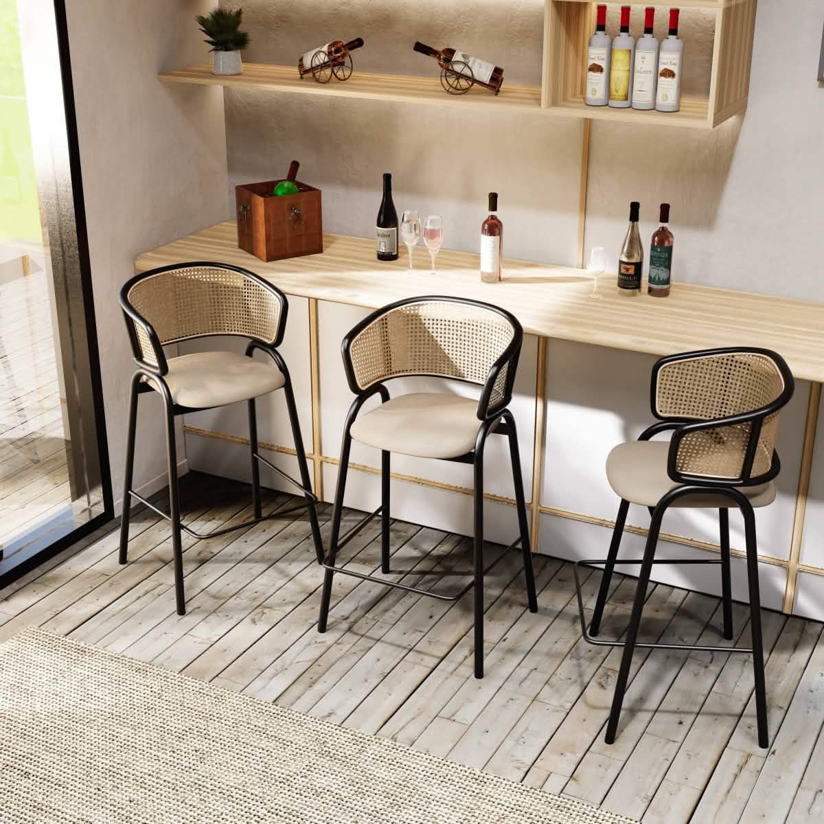 Ervilla Wicker Bar Stool with Leather Seat and Black/White Stainless Steel Frame Black Beige Dining Chair Leisuremod