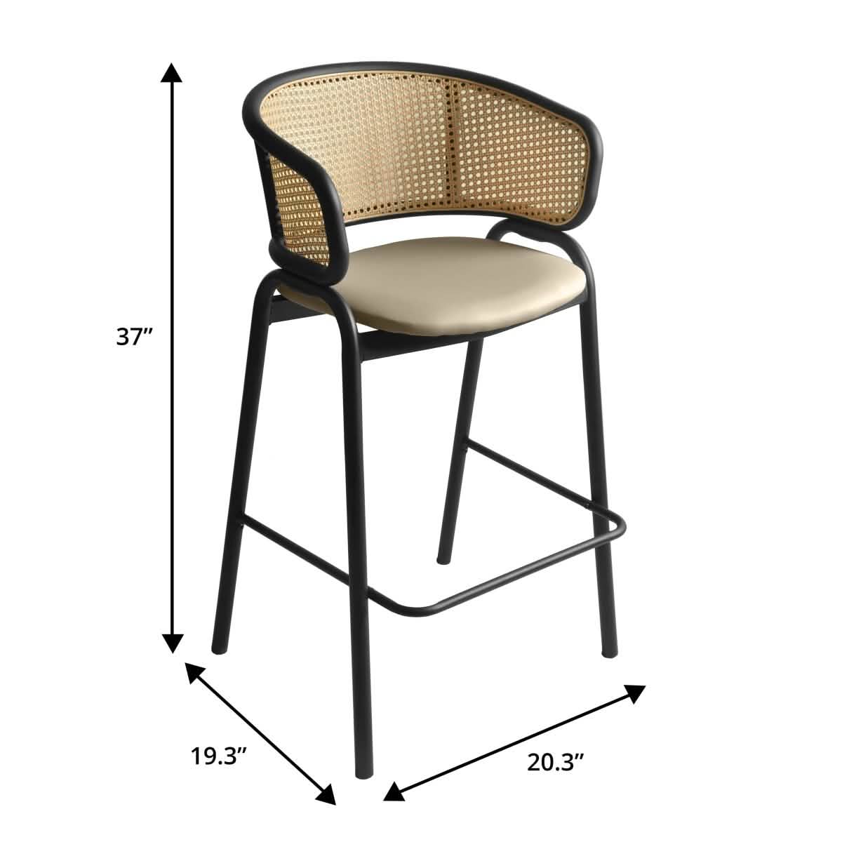 Ervilla Wicker Bar Stool with Leather Seat and Black/White Stainless Steel Frame Black Taupe Dining Chair Leisuremod