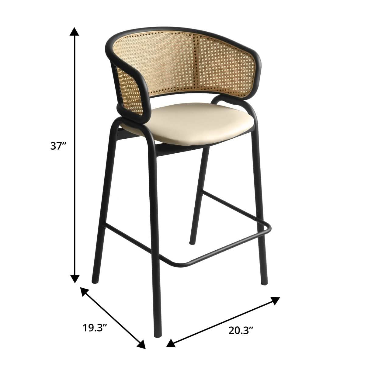 Ervilla Wicker Bar Stool with Leather Seat and Black/White Stainless Steel Frame Black Beige Dining Chair Leisuremod