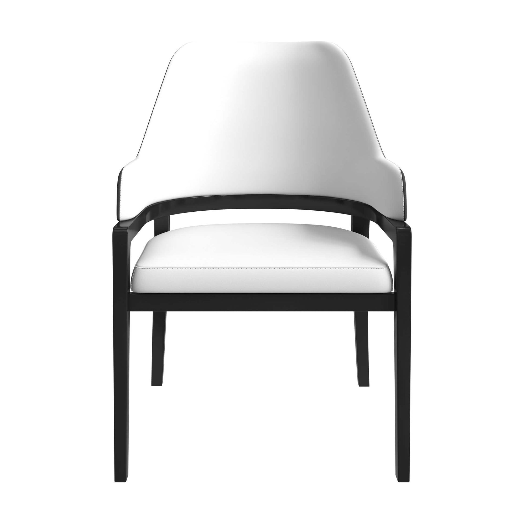 Ethora Dining Chair Upholstered in Leather with Curved Open Back Design and Rubberwood Frame Black White Dining Chair Leisuremod