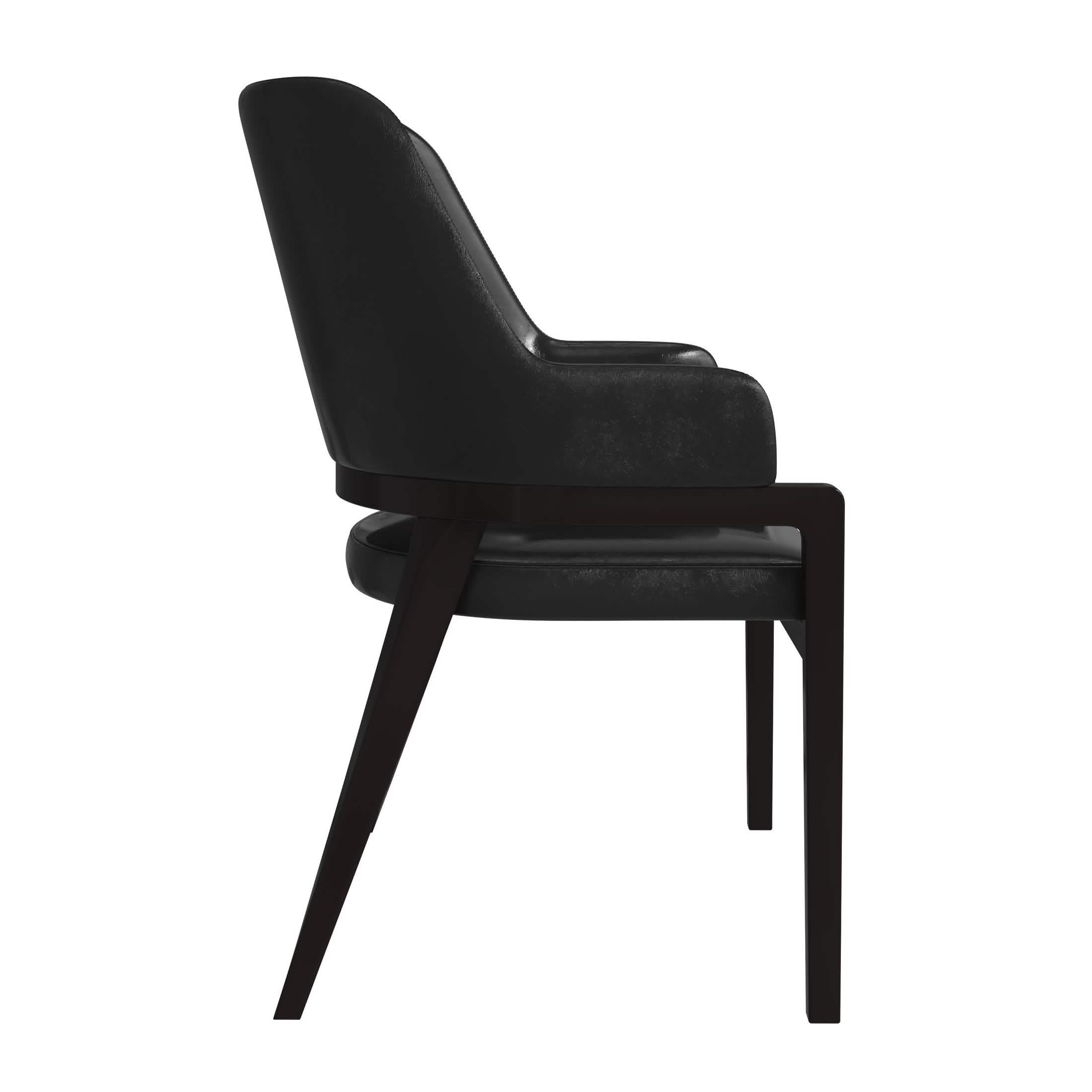 Ethora Dining Chair Upholstered in Leather with Curved Open Back Design and Rubberwood Frame Black Black Dining Chair Leisuremod