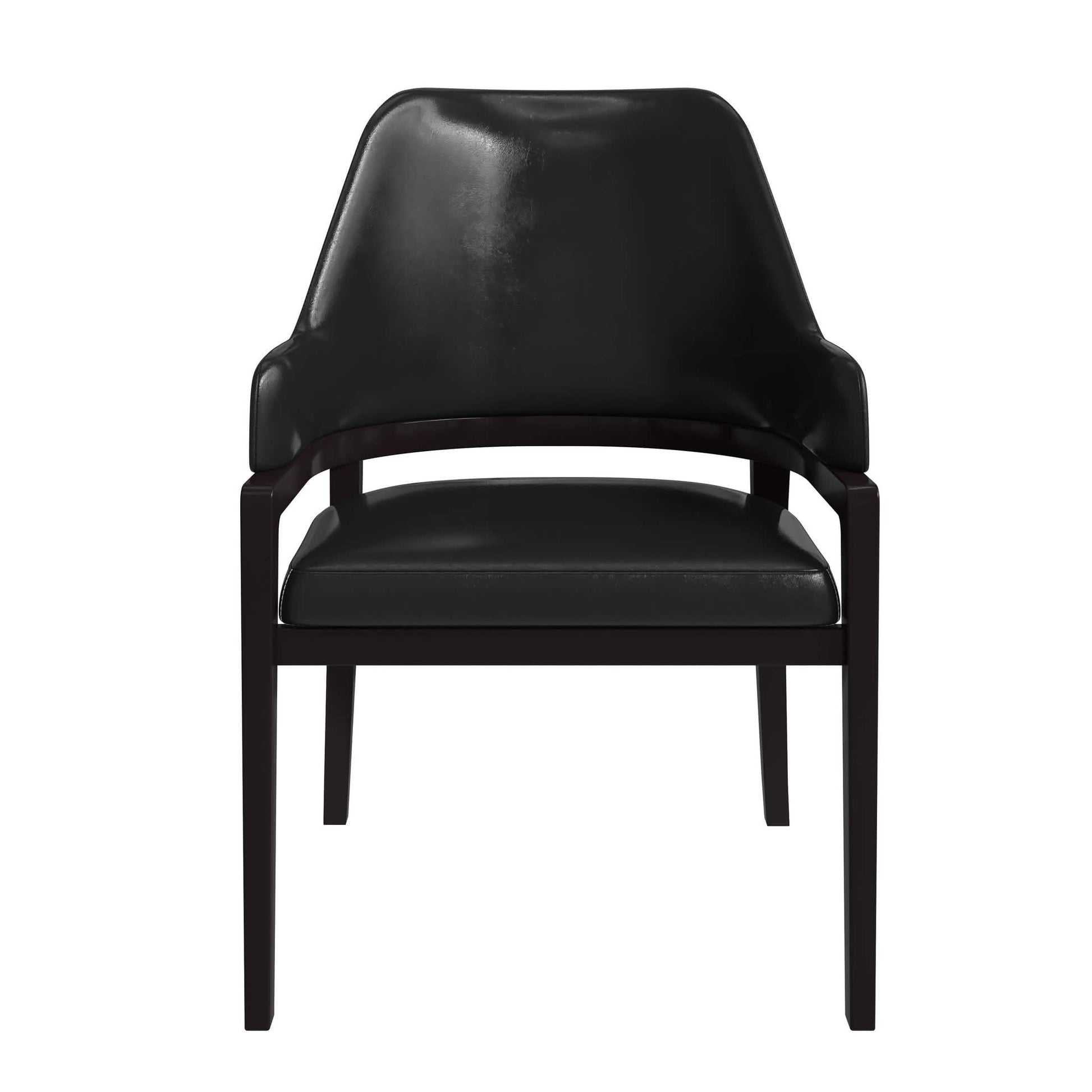 Ethora Dining Chair Upholstered in Leather with Curved Open Back Design and Rubberwood Frame Black Black Dining Chair Leisuremod