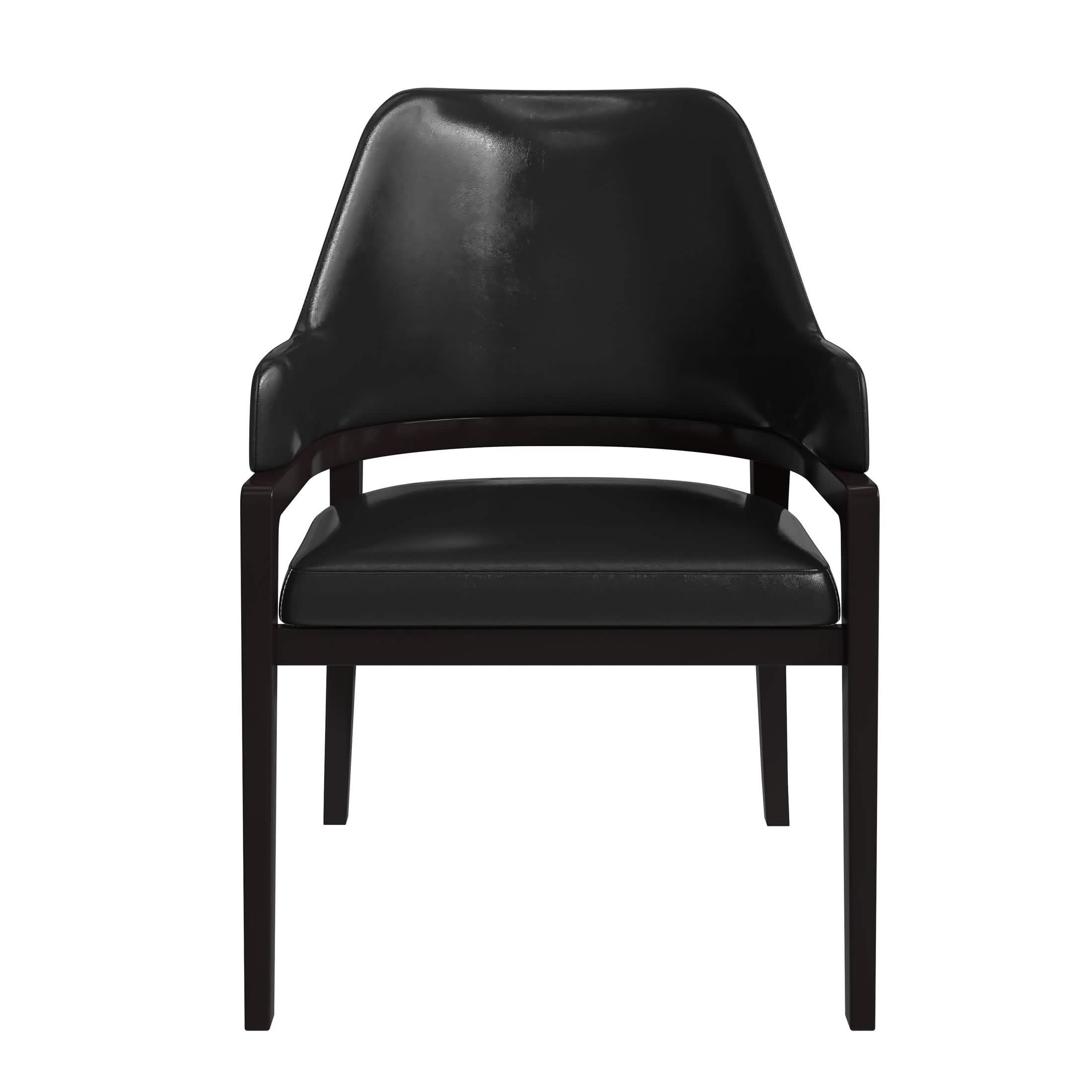 Ethora Dining Chair Upholstered in Leather with Curved Open Back Design and Rubberwood Frame Black Black Dining Chair Leisuremod