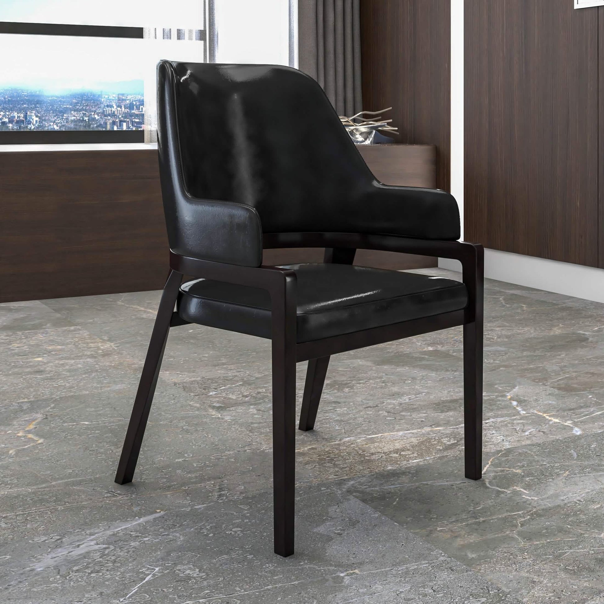 Ethora Dining Chair Upholstered in Leather with Curved Open Back Design and Rubberwood Frame Black Black Dining Chair Leisuremod
