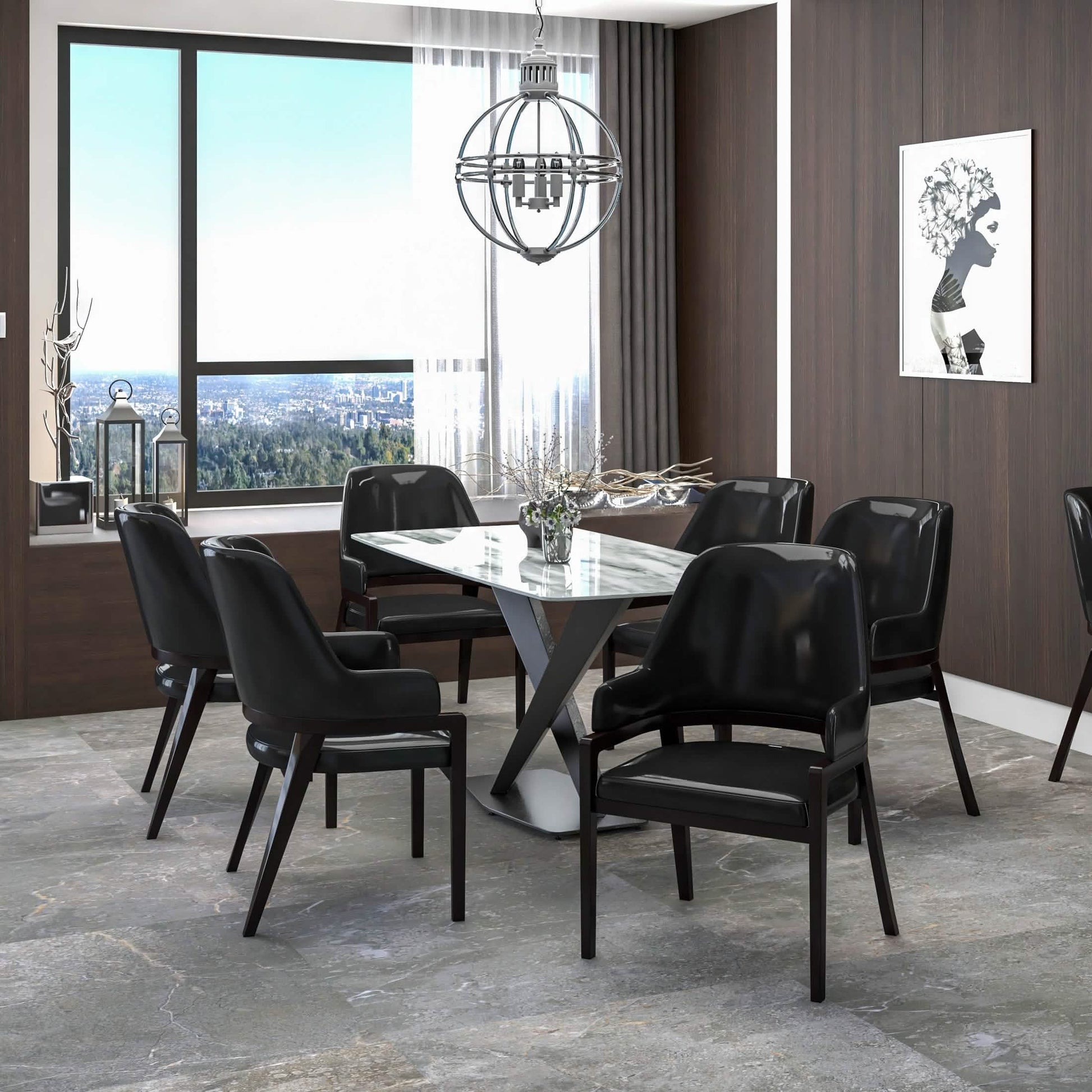 Ethora Dining Chair Upholstered in Leather with Curved Open Back Design and Rubberwood Frame Black Black Dining Chair Leisuremod