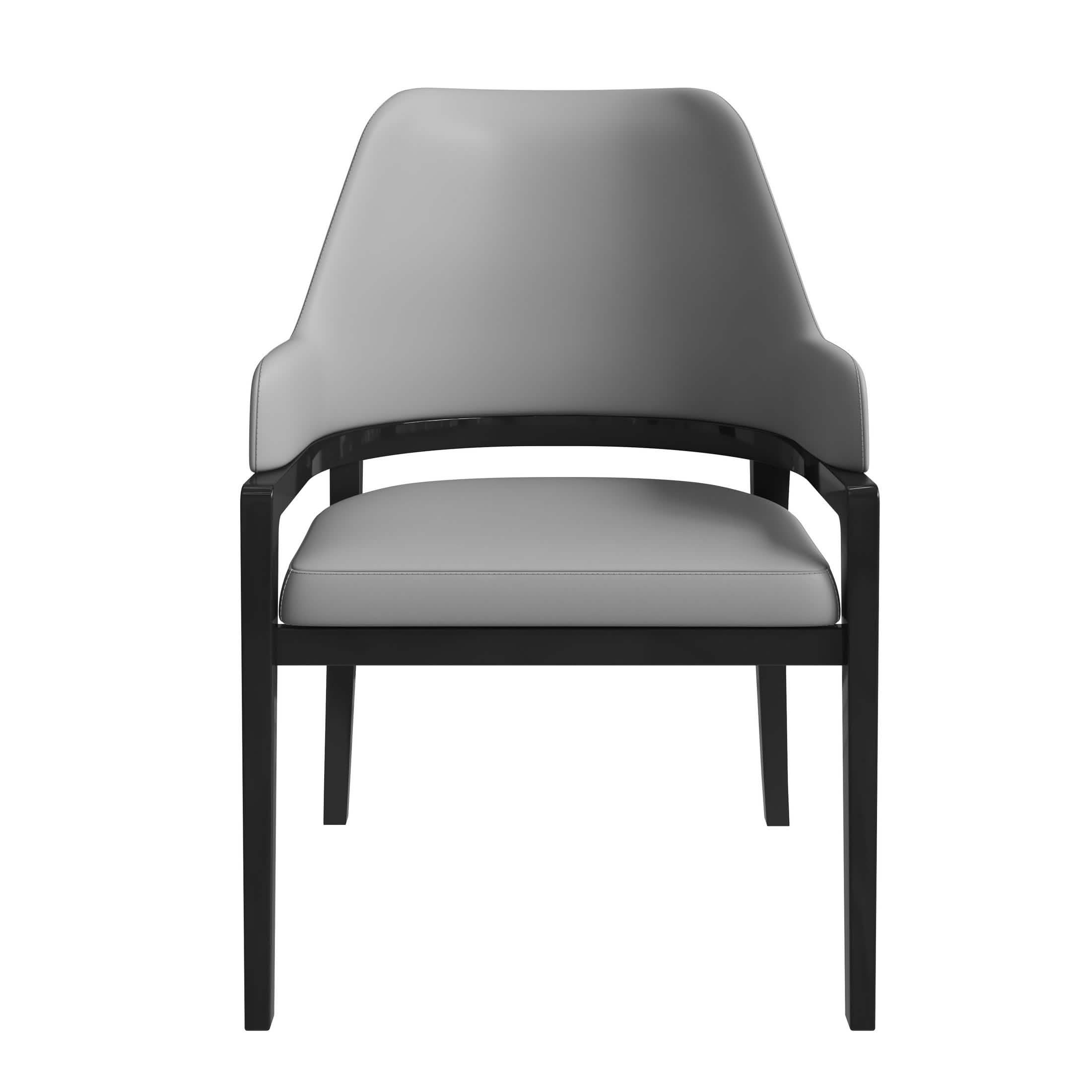 Ethora Dining Chair Upholstered in Leather with Curved Open Back Design and Rubberwood Frame Black Grey Dining Chair Leisuremod