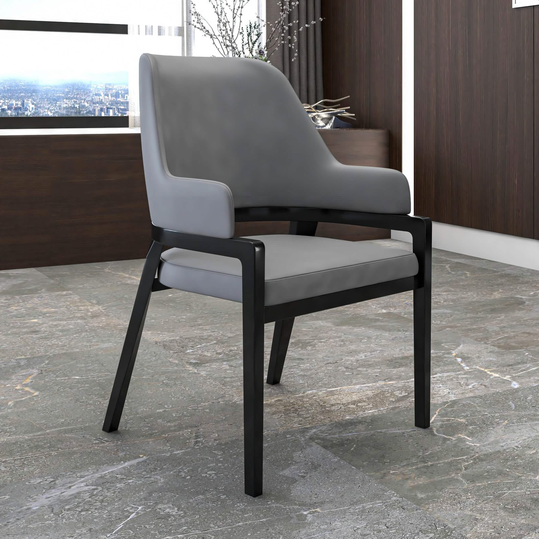 Ethora Dining Chair Upholstered in Leather with Curved Open Back Design and Rubberwood Frame Black Grey Dining Chair Leisuremod