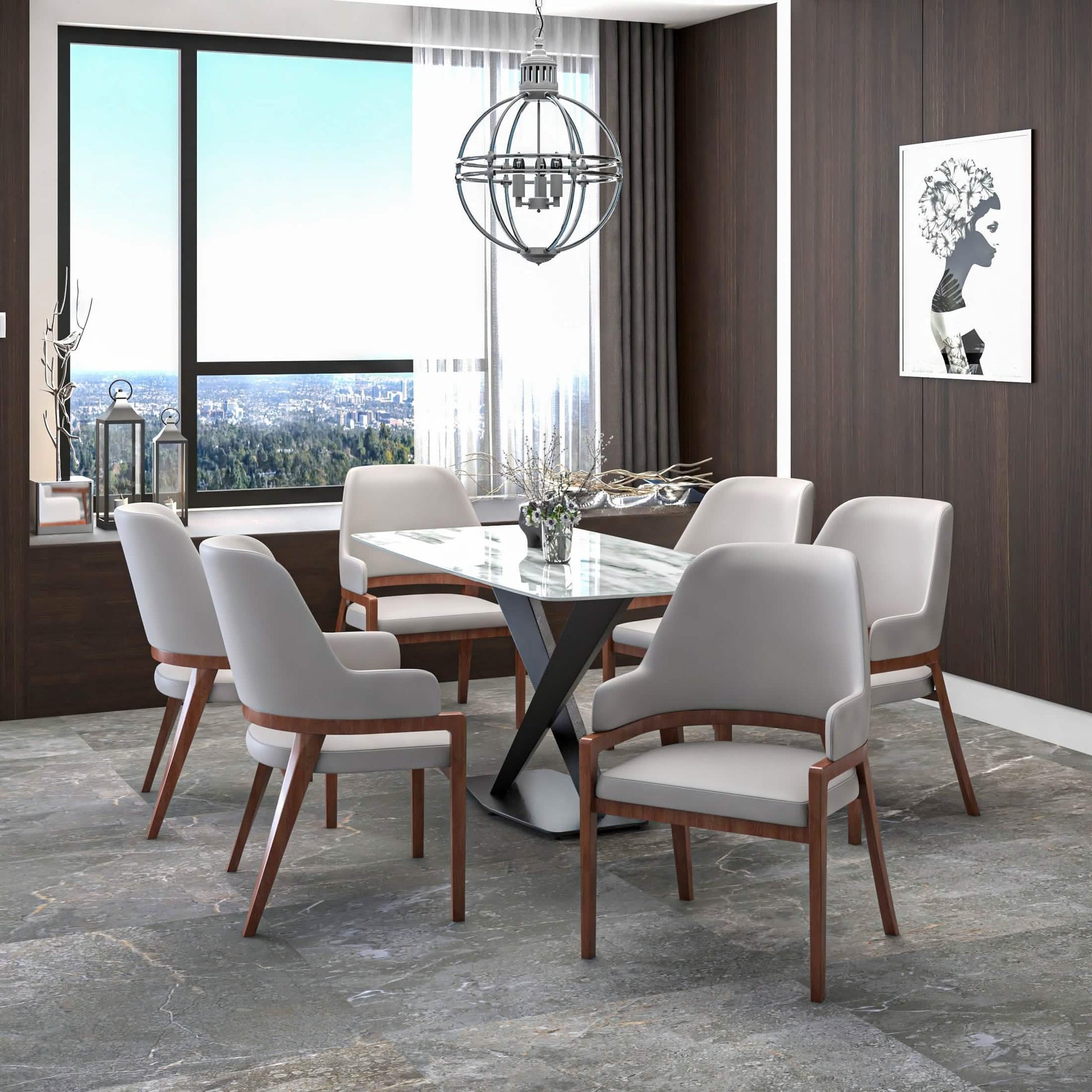Ethora Dining Chair Upholstered in Leather with Curved Open Back Design and Rubberwood Frame Brown Light Taupe Dining Chair Leisuremod