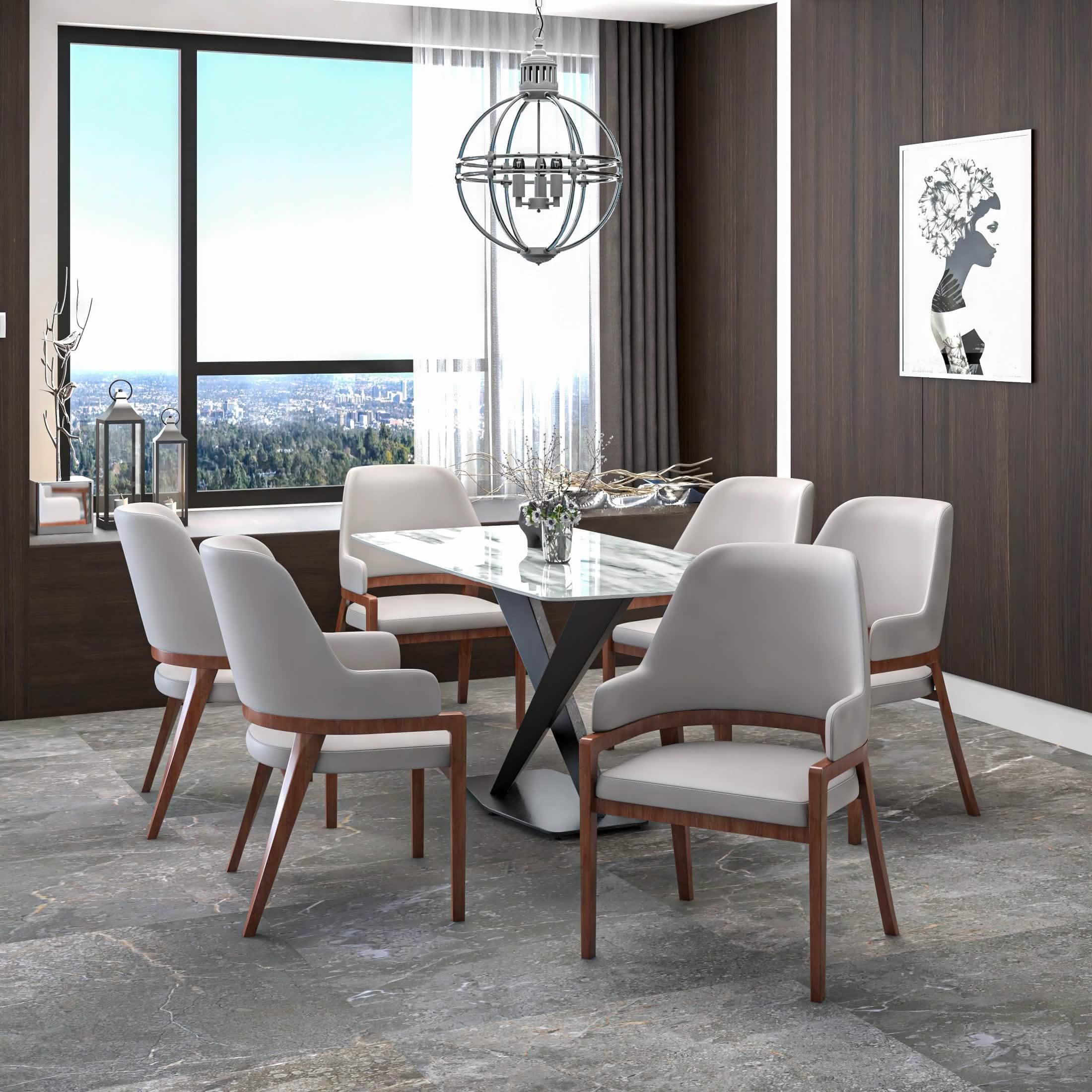 Ethora Dining Chair Upholstered in Leather with Curved Open Back Design and Rubberwood Frame Brown Light Taupe Dining Chair Leisuremod