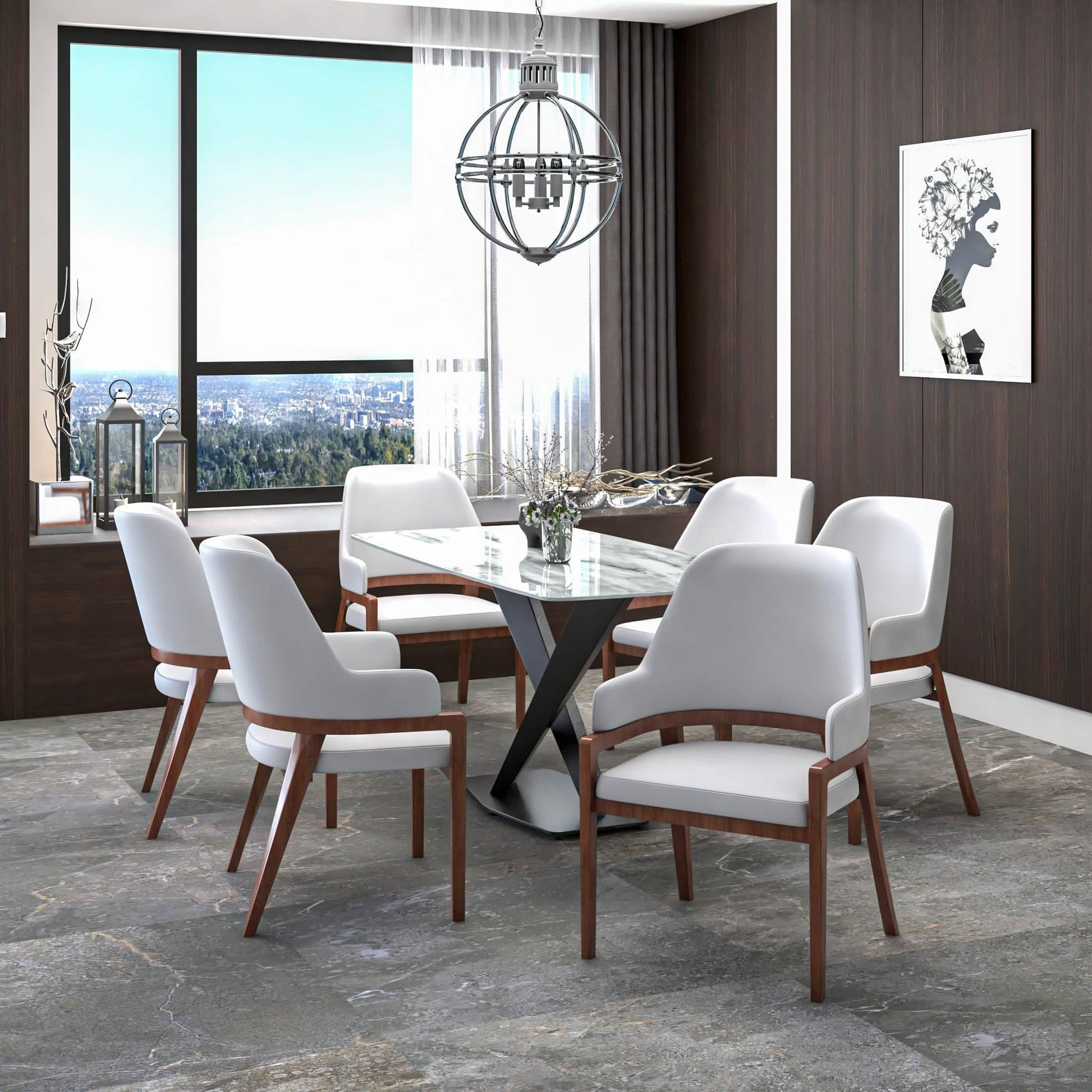 Ethora Dining Chair Upholstered in Leather with Curved Open Back Design and Rubberwood Frame Brown White Dining Chair Leisuremod
