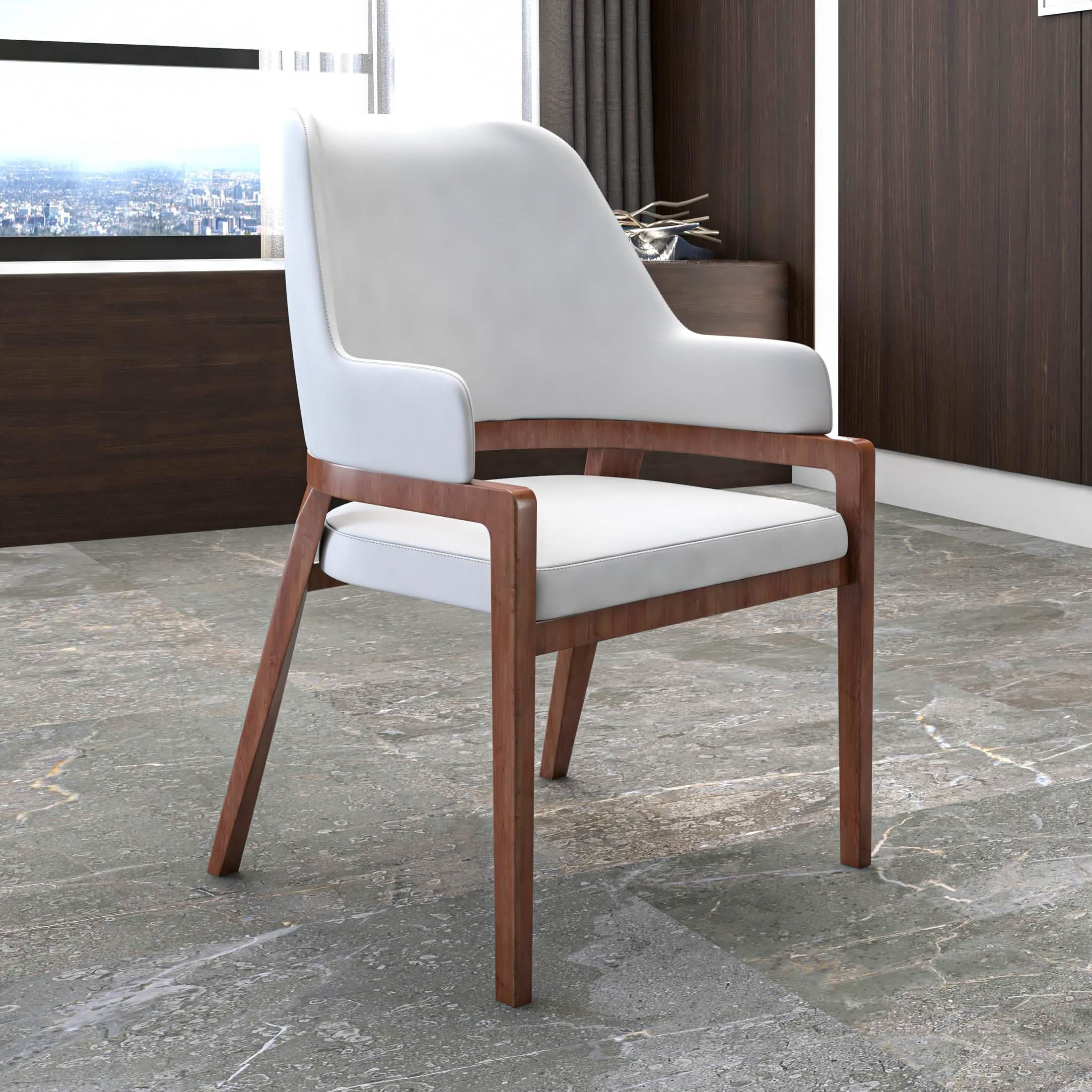Ethora Dining Chair Upholstered in Leather with Curved Open Back Design and Rubberwood Frame Brown White Dining Chair Leisuremod