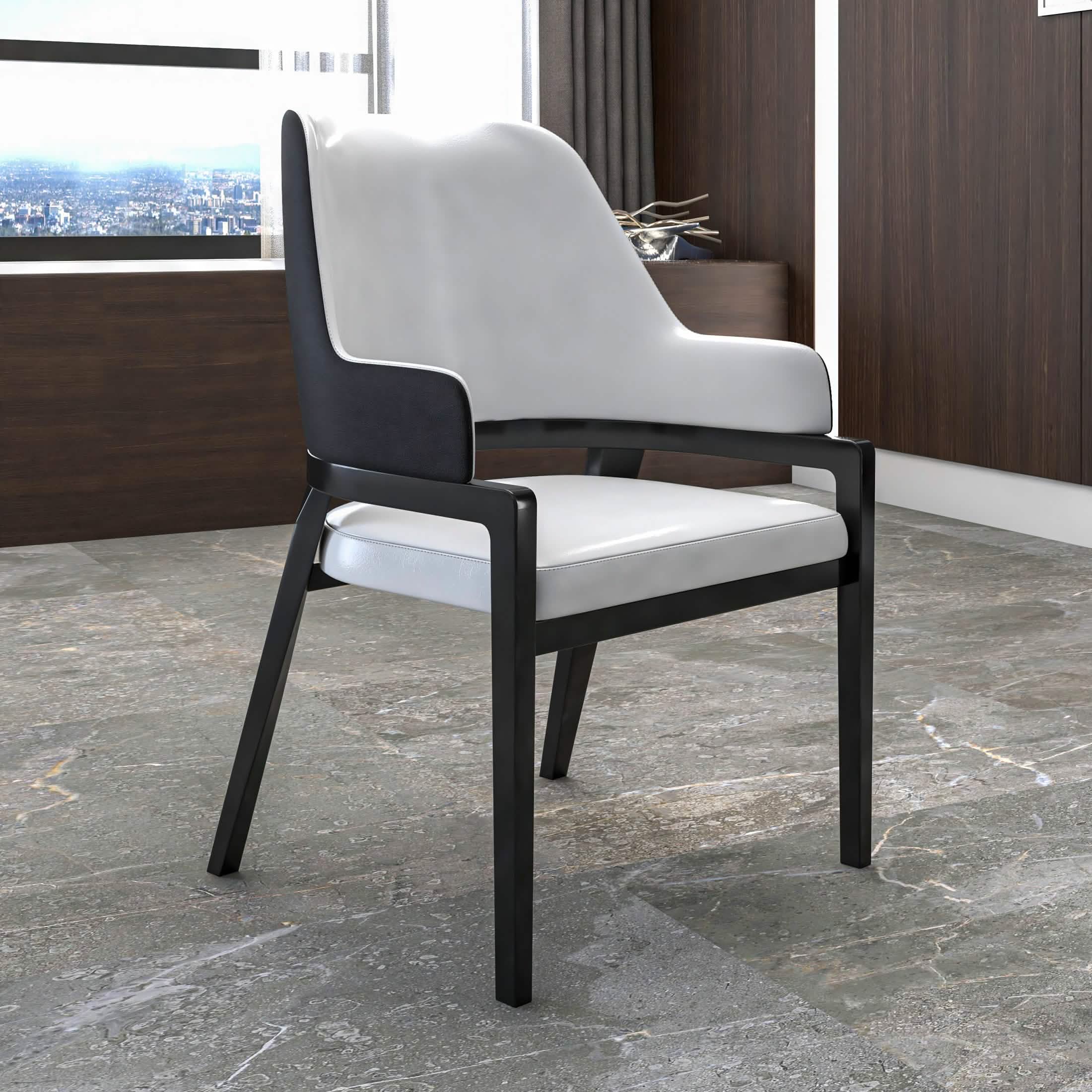 Ethora Dining Chair Upholstered in Leather with Curved Open Back Design and Rubberwood Frame Black White Dining Chair Leisuremod
