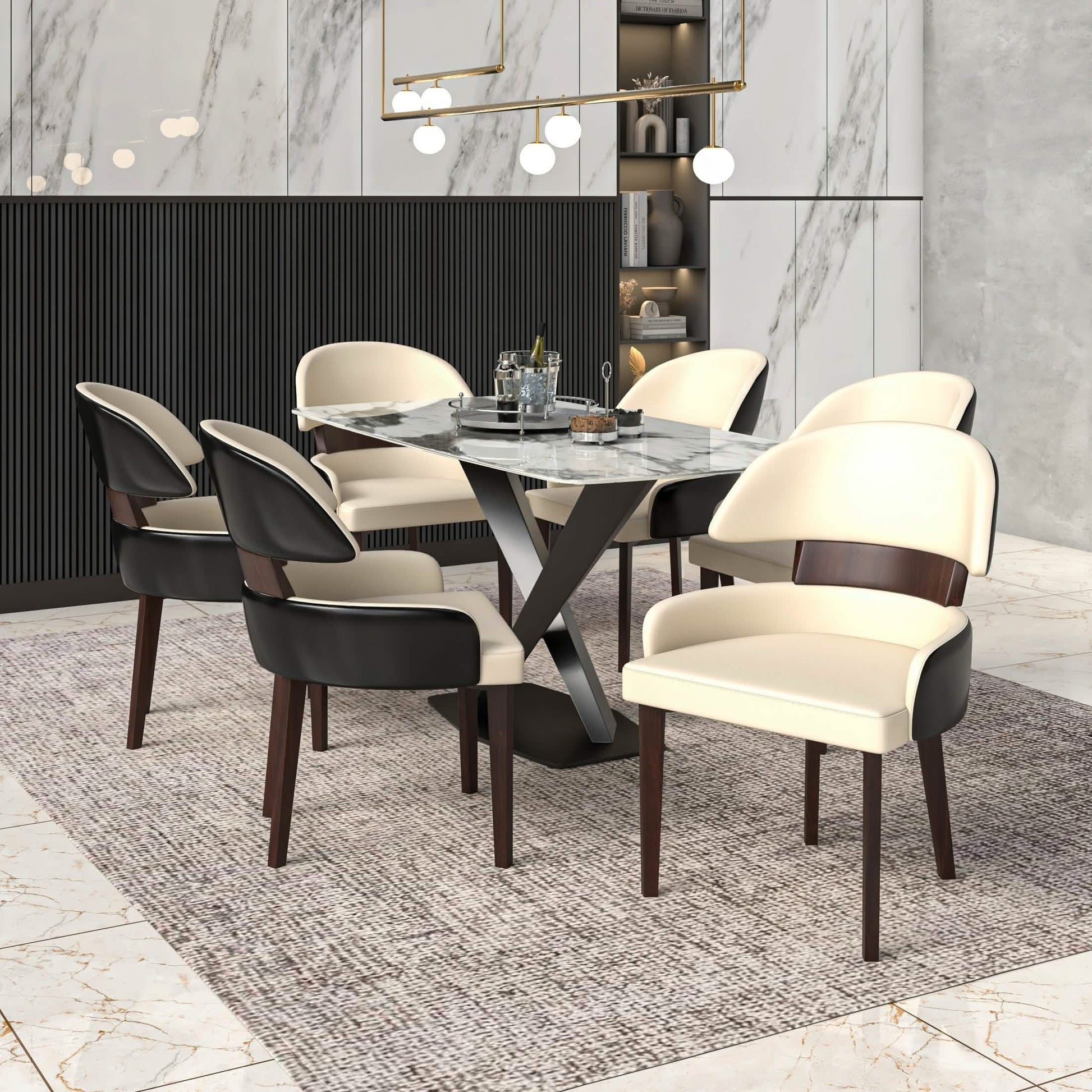 Ethos Leather Dining Chairs with Curved Open Back in Rubberwood Black Cream Dining Chair Leisuremod