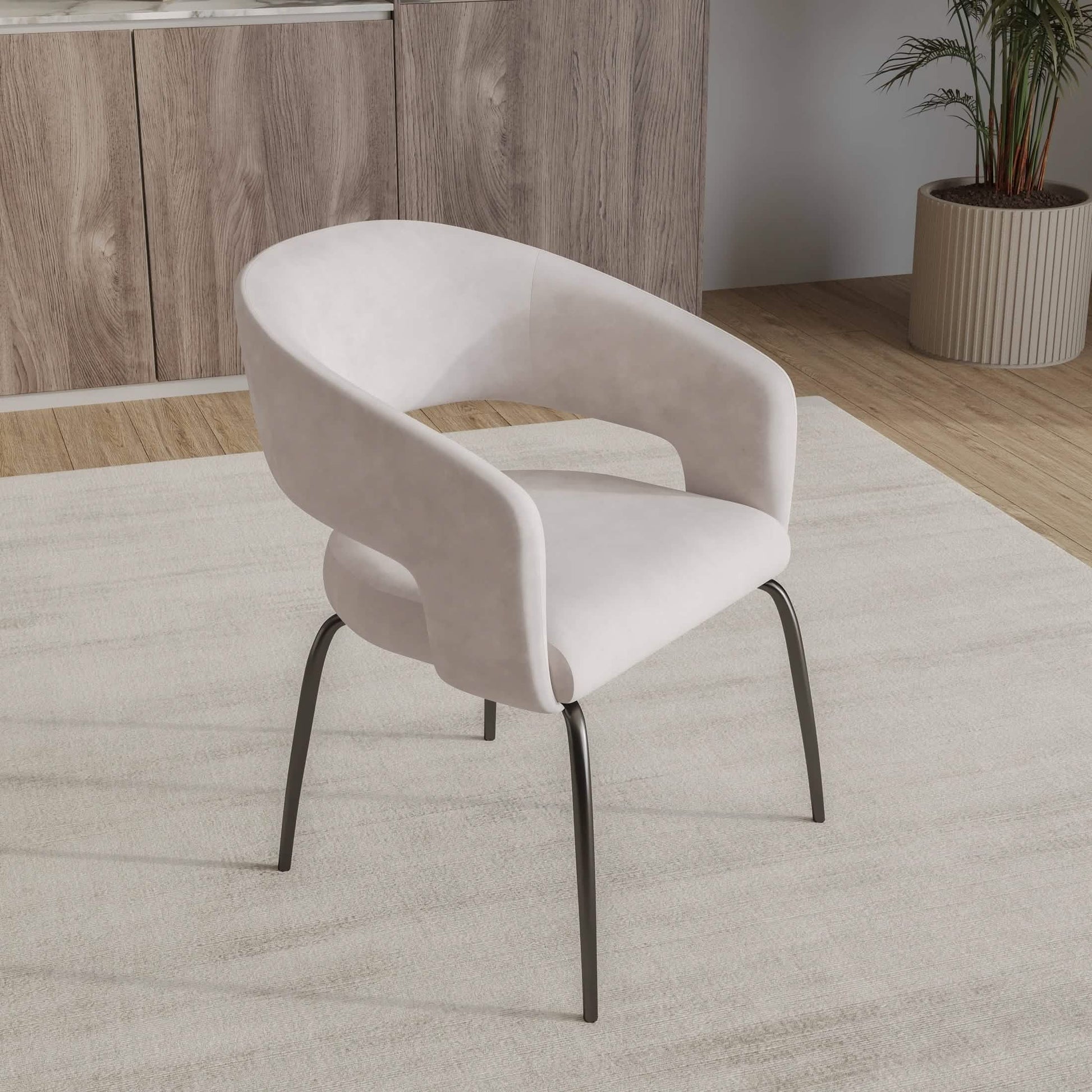 Gavin Dining Chair Upholstered in Leather/Velvet with Open Curved Backrest in Black Iron Velvet Beige Dining Chair Leisuremod