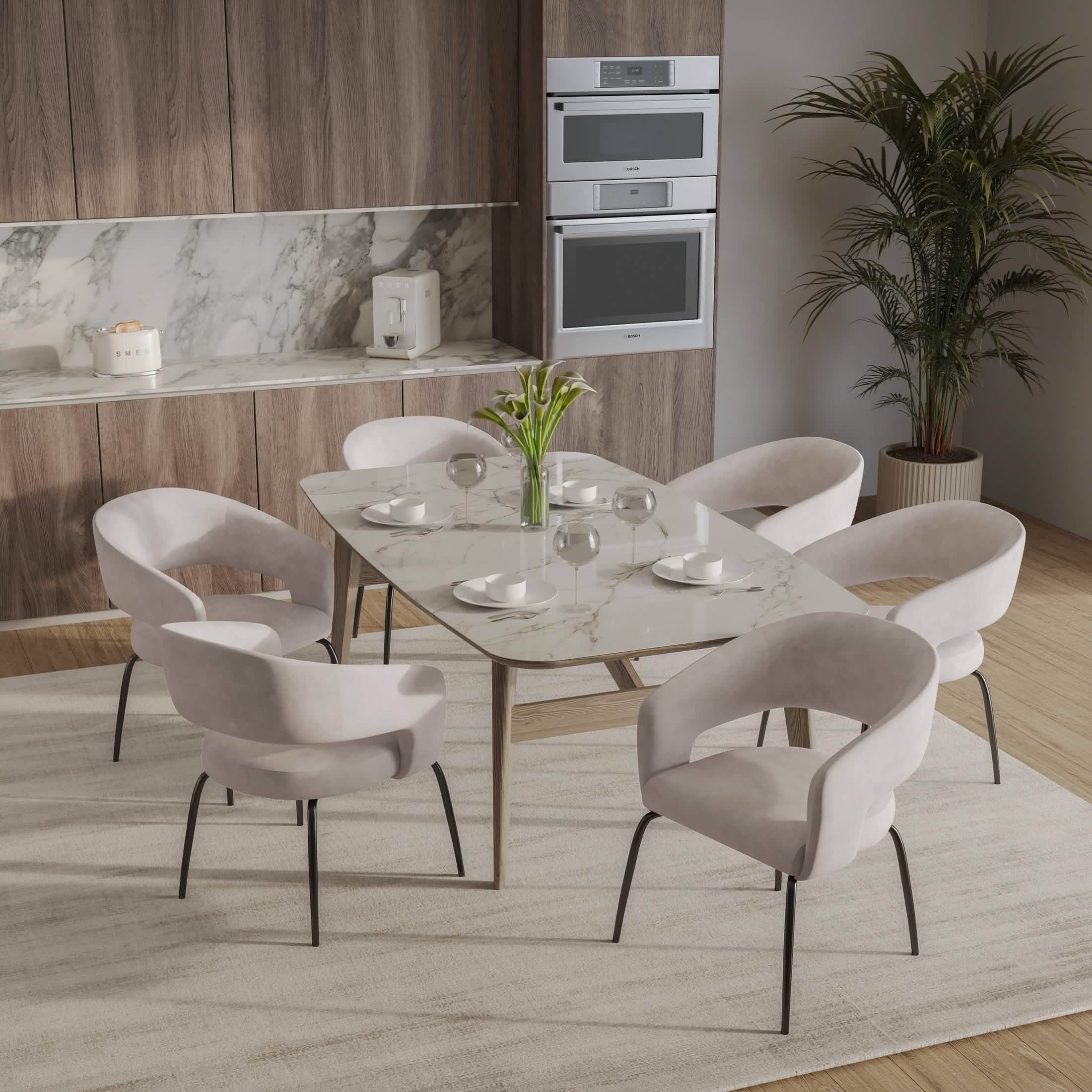 Gavin Dining Chair Upholstered in Leather/Velvet with Open Curved Backrest in Black Iron Velvet Beige Dining Chair Leisuremod