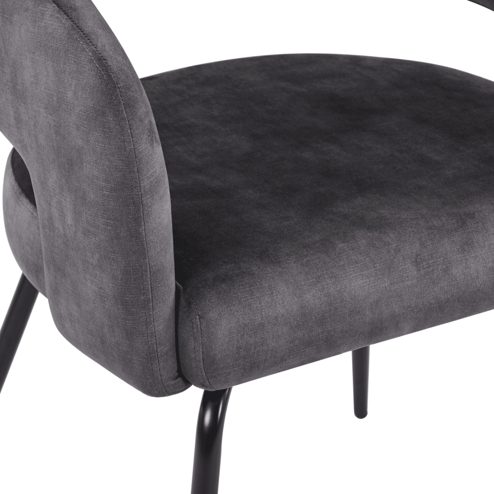 Gavin Dining Chair Upholstered in Leather/Velvet with Open Curved Backrest in Black Iron Velvet Charcoal Dining Chair Leisuremod