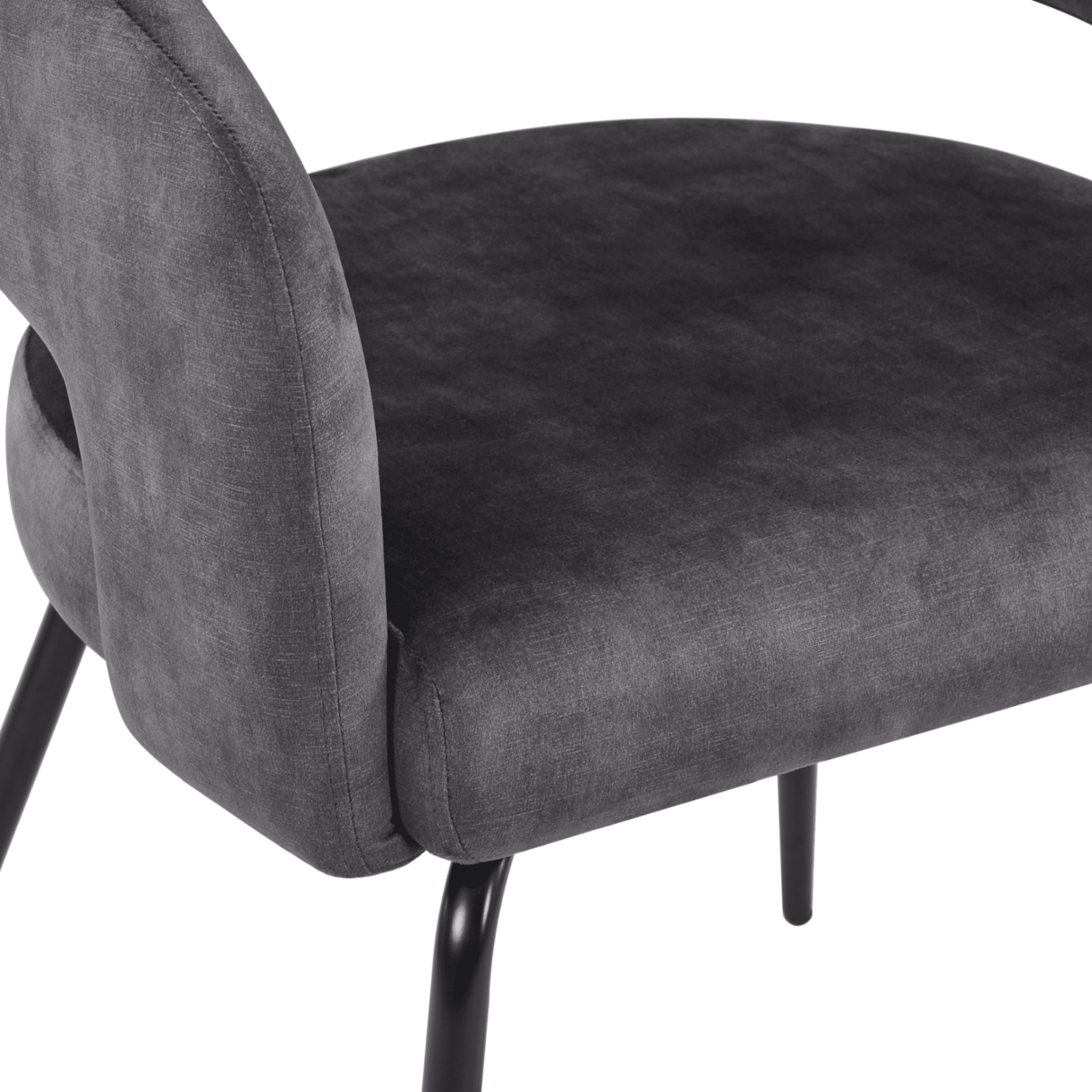 Gavin Dining Chair Upholstered in Leather/Velvet with Open Curved Backrest in Black Iron Velvet Charcoal Dining Chair Leisuremod