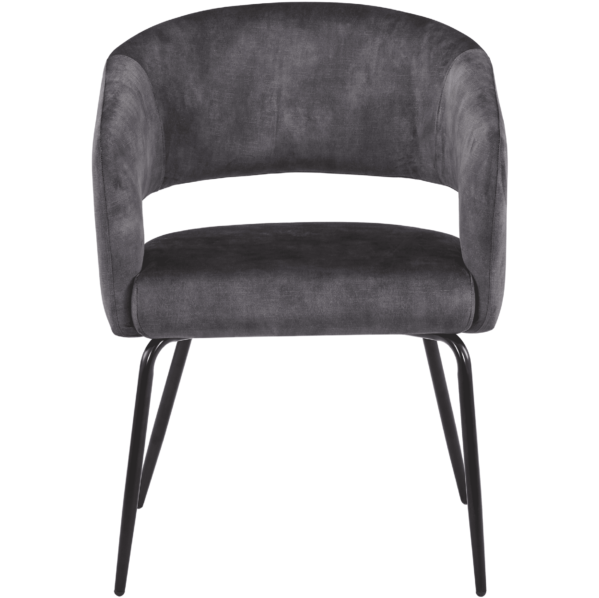 Gavin Dining Chair Upholstered in Leather/Velvet with Open Curved Backrest in Black Iron Velvet Charcoal Dining Chair Leisuremod