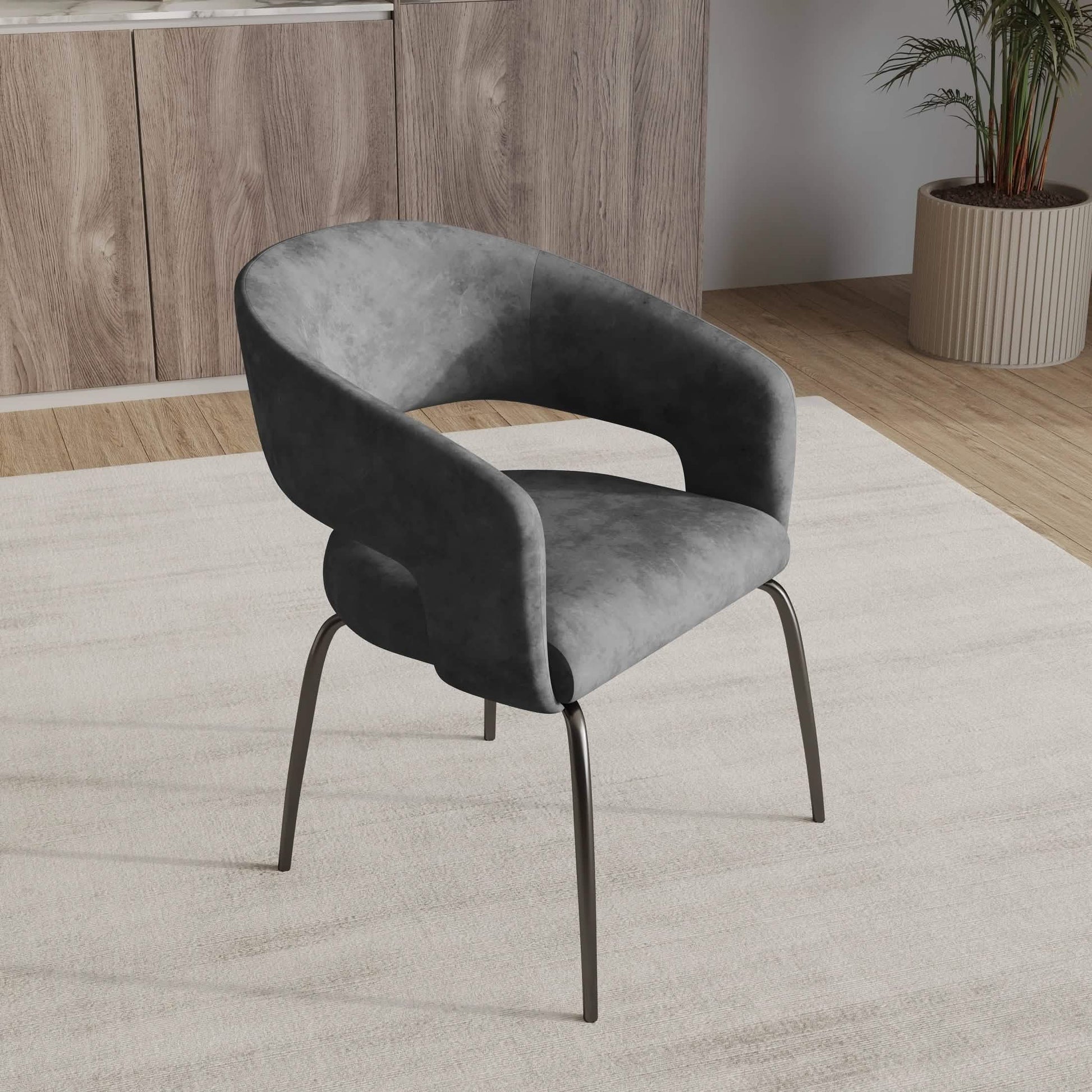 Gavin Dining Chair Upholstered in Leather/Velvet with Open Curved Backrest in Black Iron Velvet Charcoal Dining Chair Leisuremod