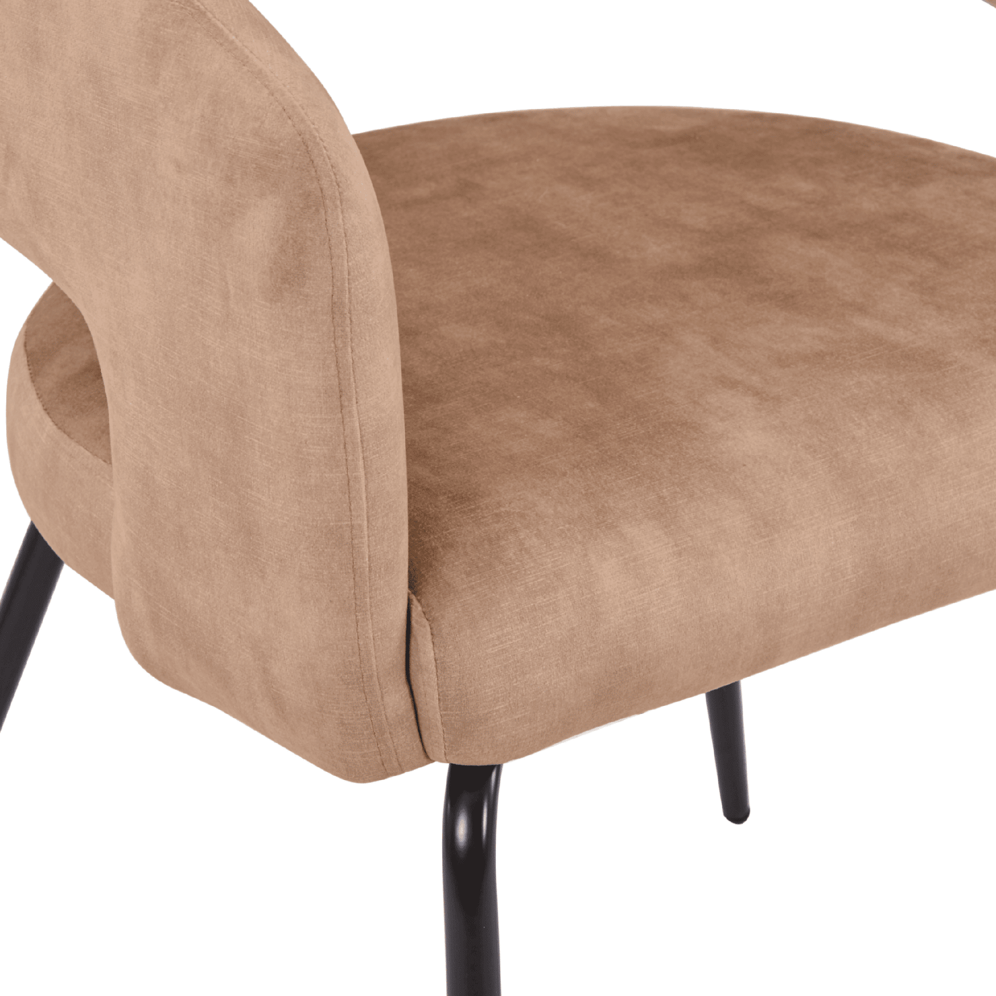 Gavin Dining Chair Upholstered in Leather/Velvet with Open Curved Backrest in Black Iron Velvet Light Brown Dining Chair Leisuremod