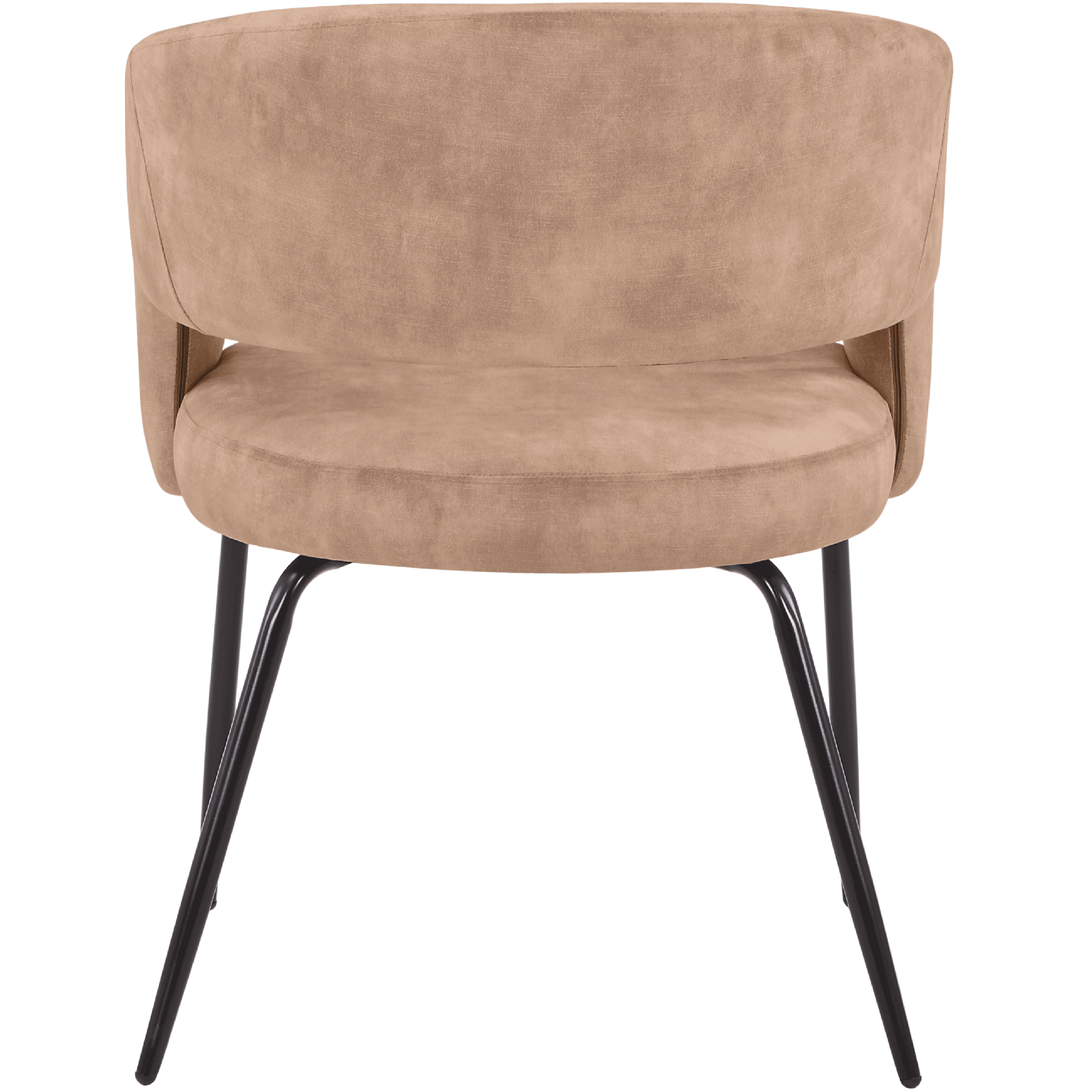 Gavin Dining Chair Upholstered in Leather/Velvet with Open Curved Backrest in Black Iron Velvet Light Brown Dining Chair Leisuremod