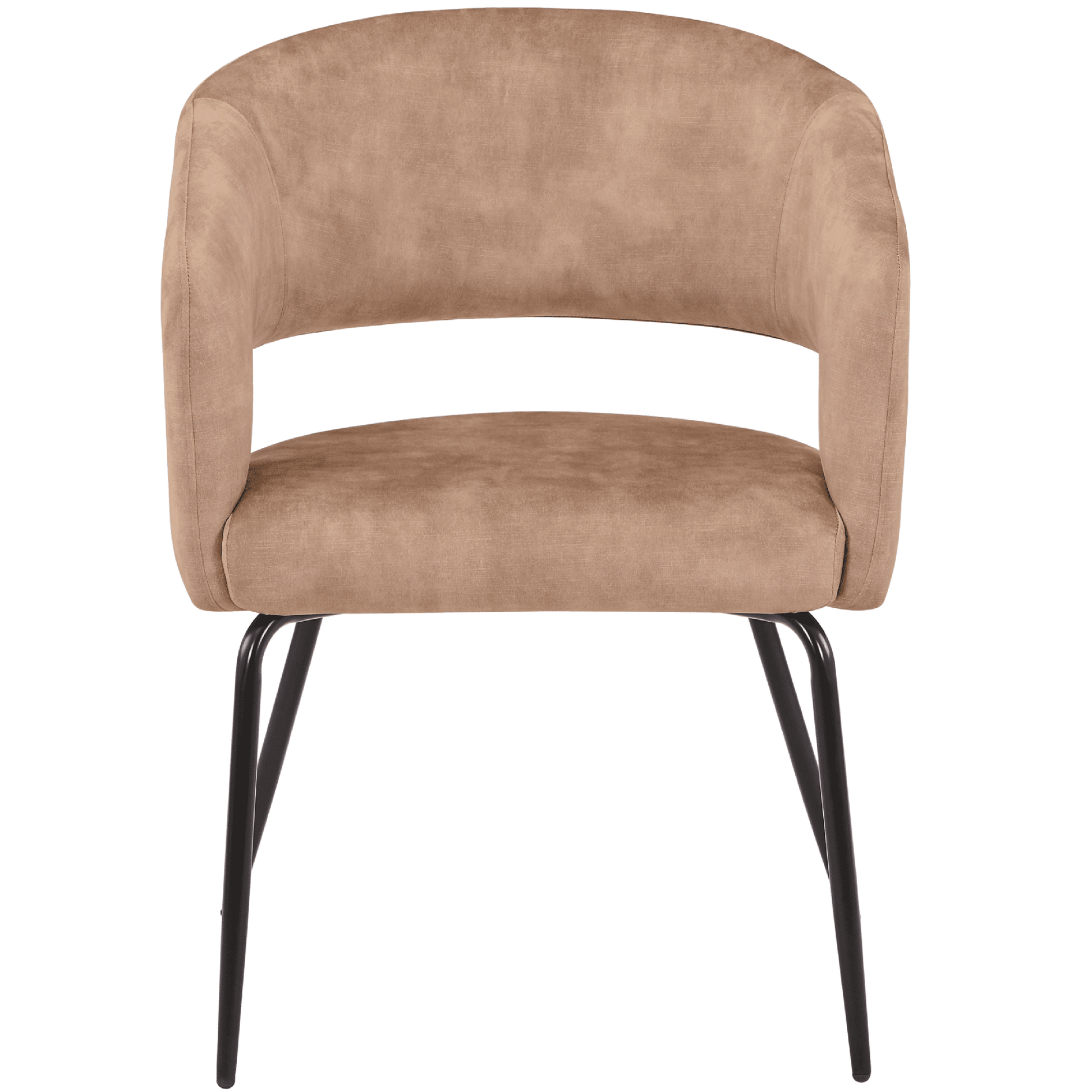 Gavin Dining Chair Upholstered in Leather/Velvet with Open Curved Backrest in Black Iron Velvet Light Brown Dining Chair Leisuremod