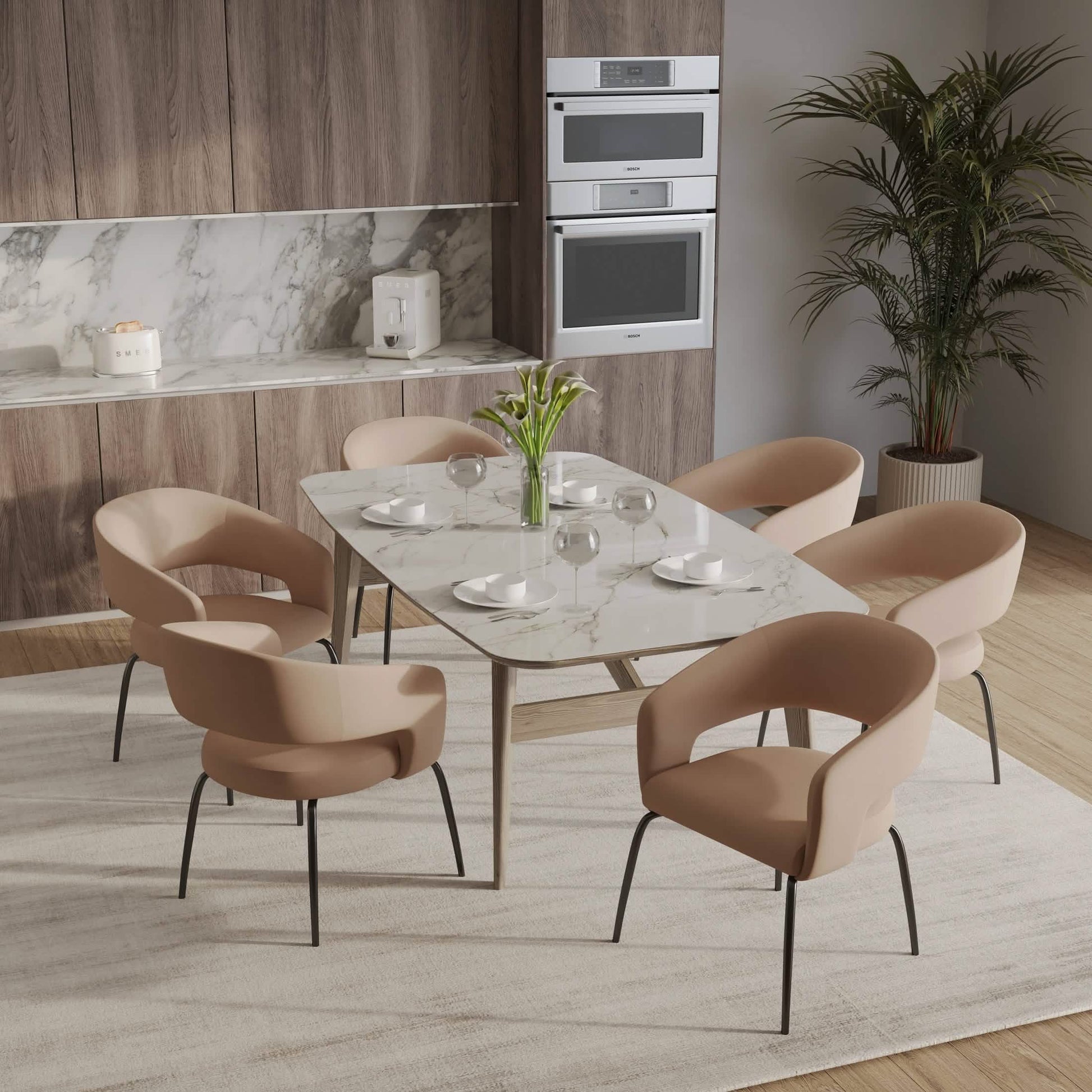 Gavin Dining Chair Upholstered in Leather/Velvet with Open Curved Backrest in Black Iron Velvet Light Brown Dining Chair Leisuremod