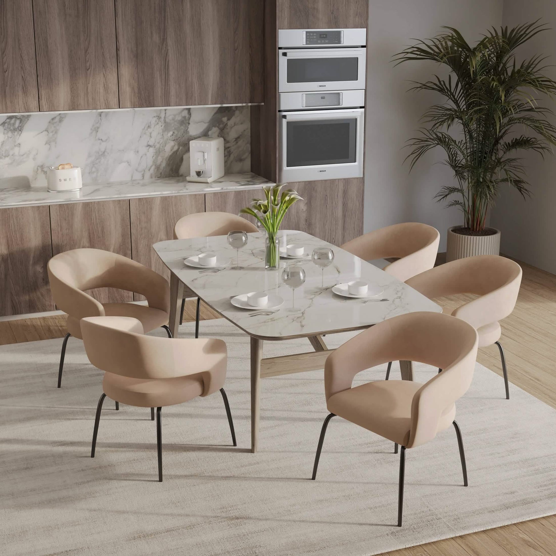 Gavin Dining Chair Upholstered in Leather/Velvet with Open Curved Backrest in Black Iron Leather Light Taupe Dining Chair Leisuremod