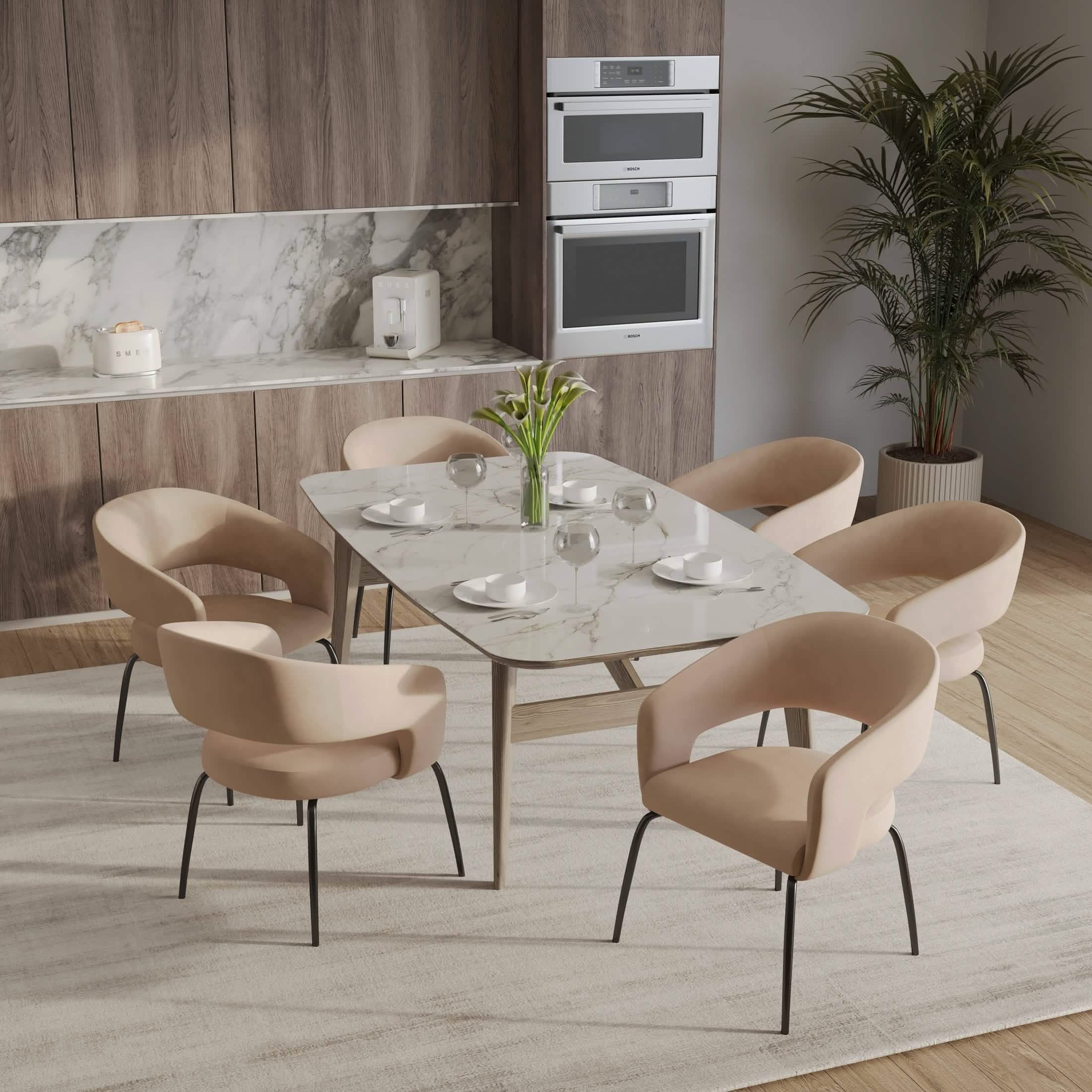 Gavin Dining Chair Upholstered in Leather/Velvet with Open Curved Backrest in Black Iron Leather Light Taupe Dining Chair Leisuremod