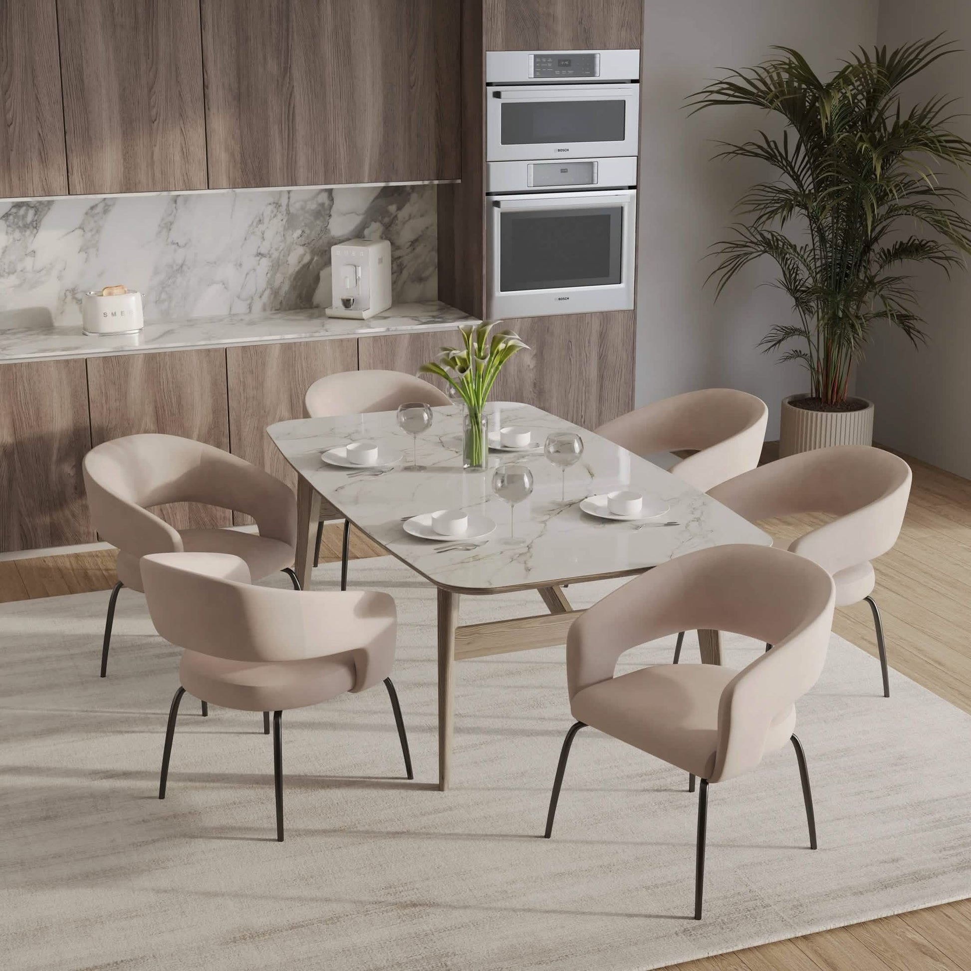 Gavin Dining Chair Upholstered in Leather/Velvet with Open Curved Backrest in Black Iron Leather Taupe Dining Chair Leisuremod