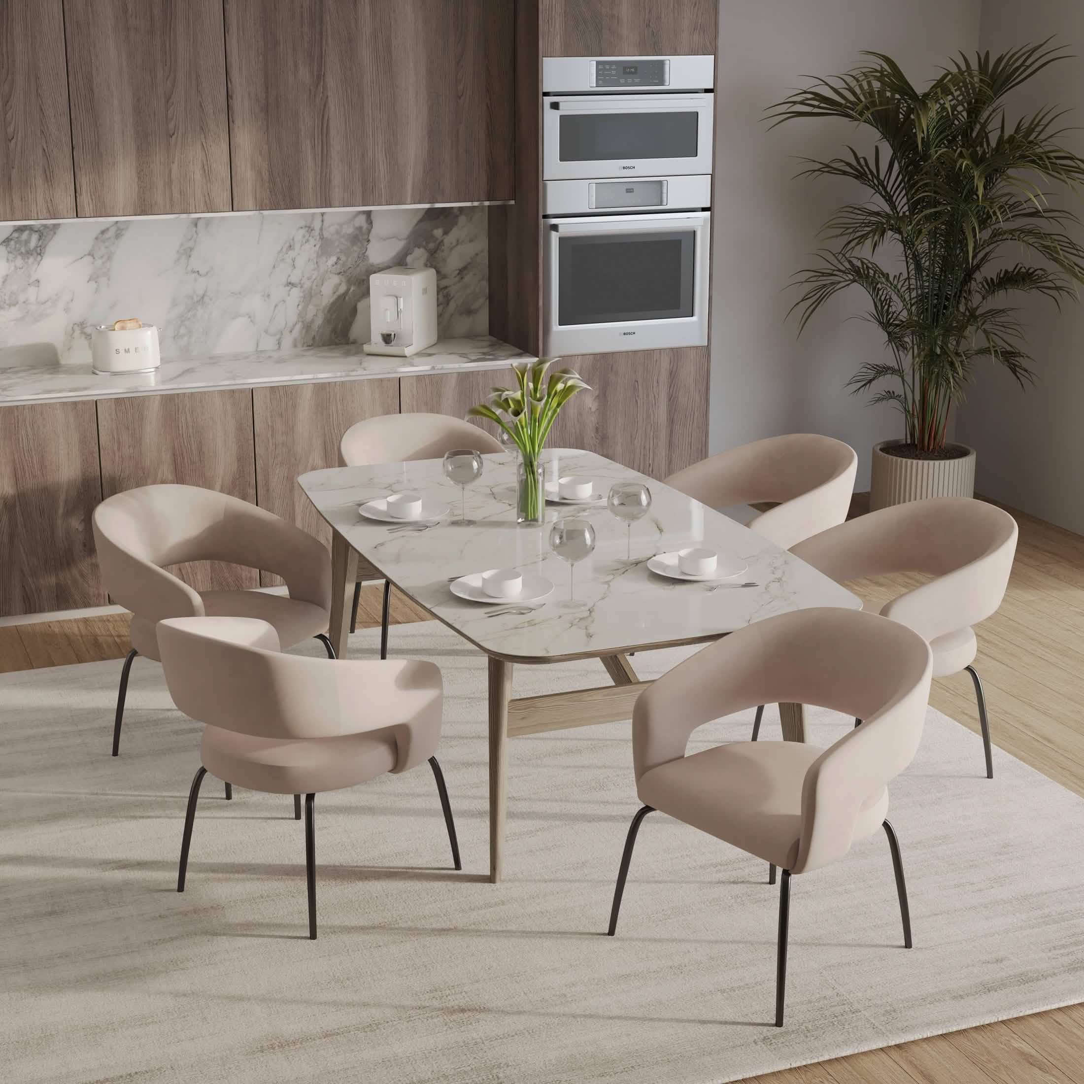 Gavin Dining Chair Upholstered in Leather/Velvet with Open Curved Backrest in Black Iron Leather Taupe Dining Chair Leisuremod