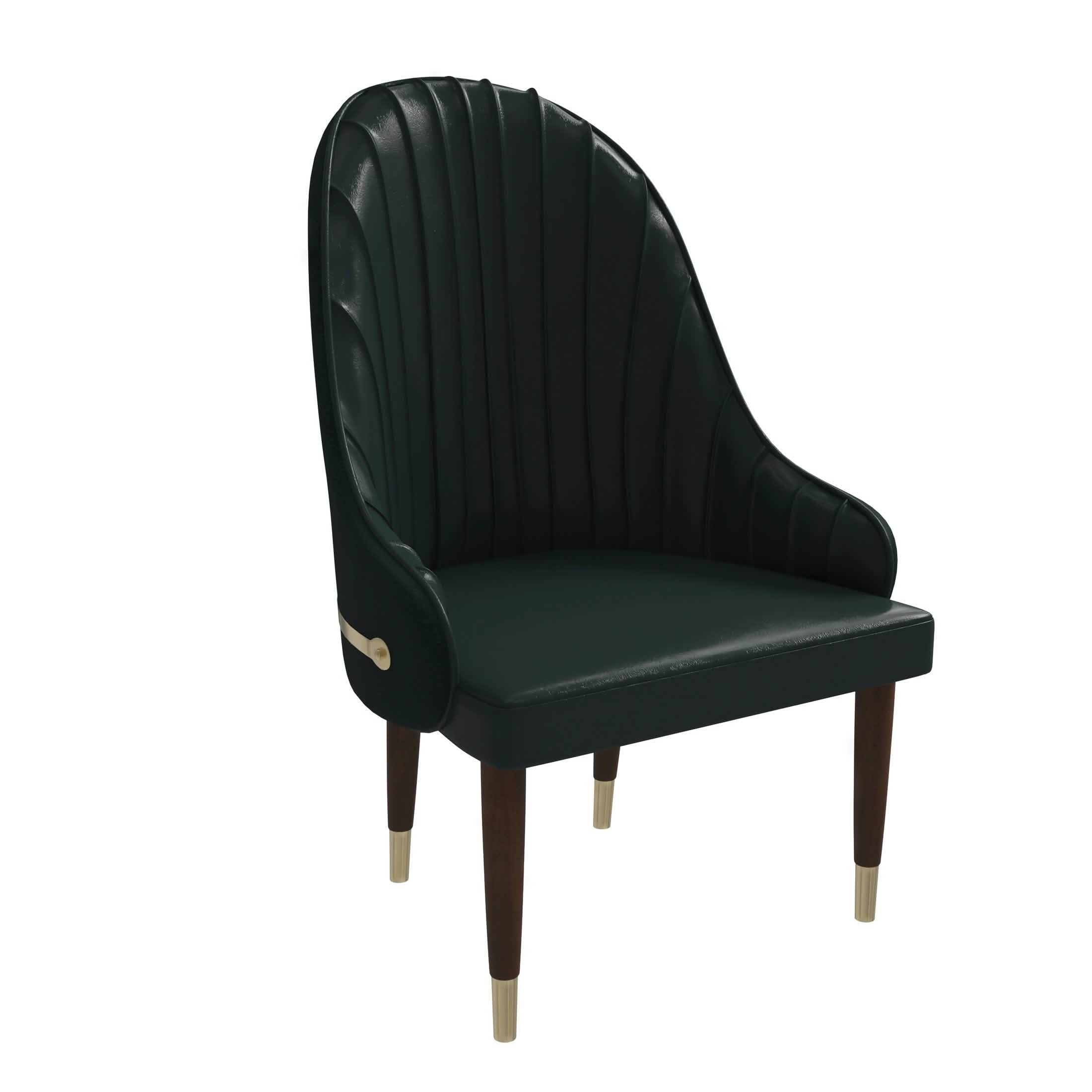 Elara Leather Dining Chair with Elegant Ripple Back and Gold Accents in Rubberwood Green Dining Chair Leisuremod