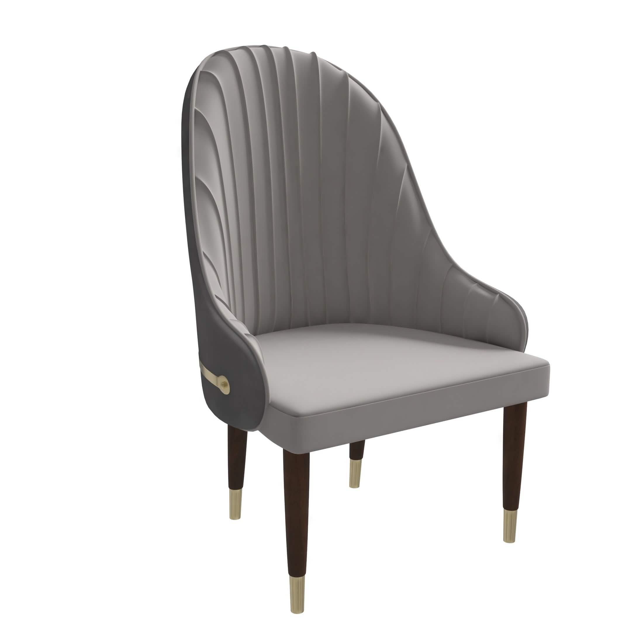 Elara Leather Dining Chair with Elegant Ripple Back and Gold Accents in Rubberwood Grey Dining Chair Leisuremod