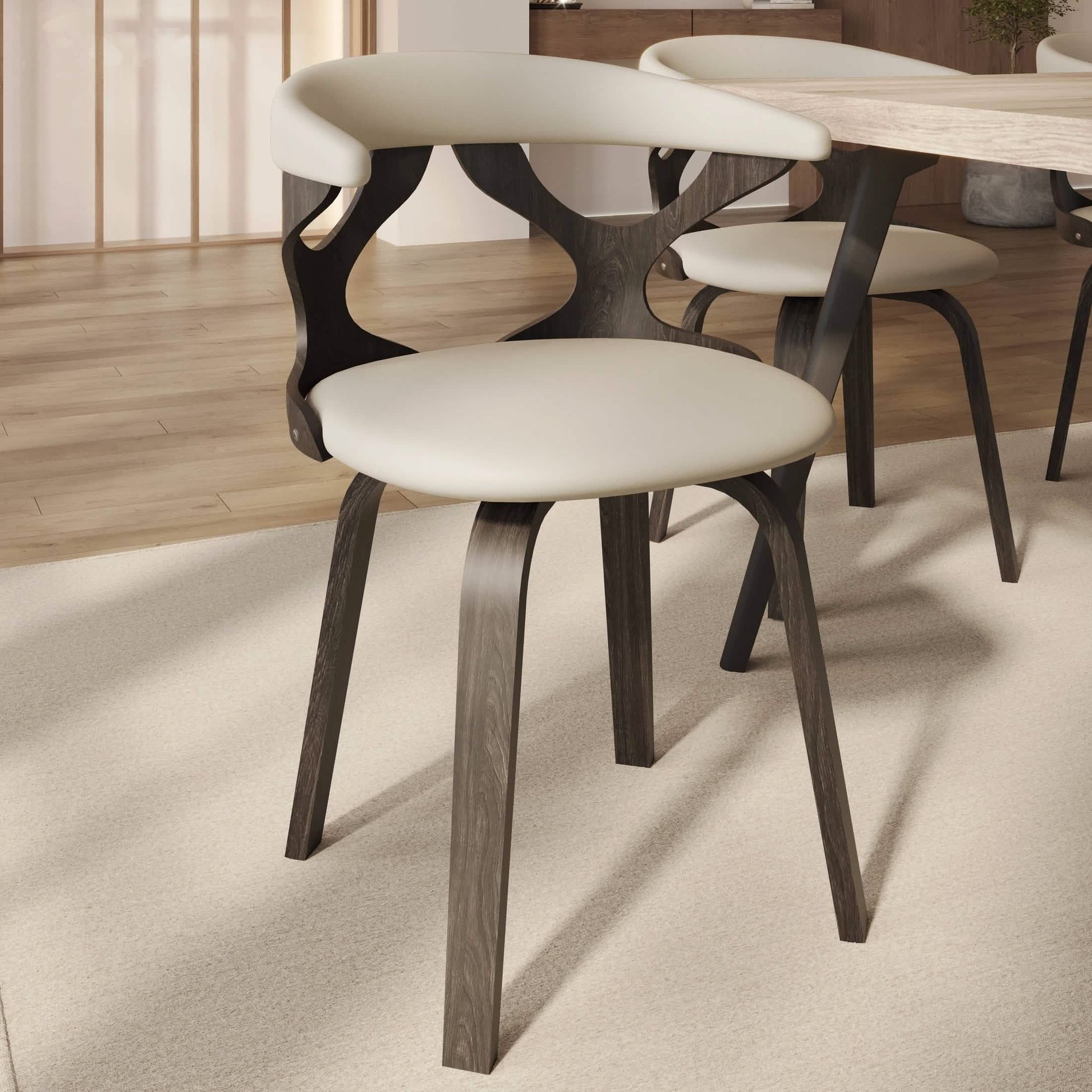 Klyne Modern Wooden Dining Chair Upholstered in Leather With Walnut Color Frame Dark Walnut Taupe Dining Chair Leisuremod